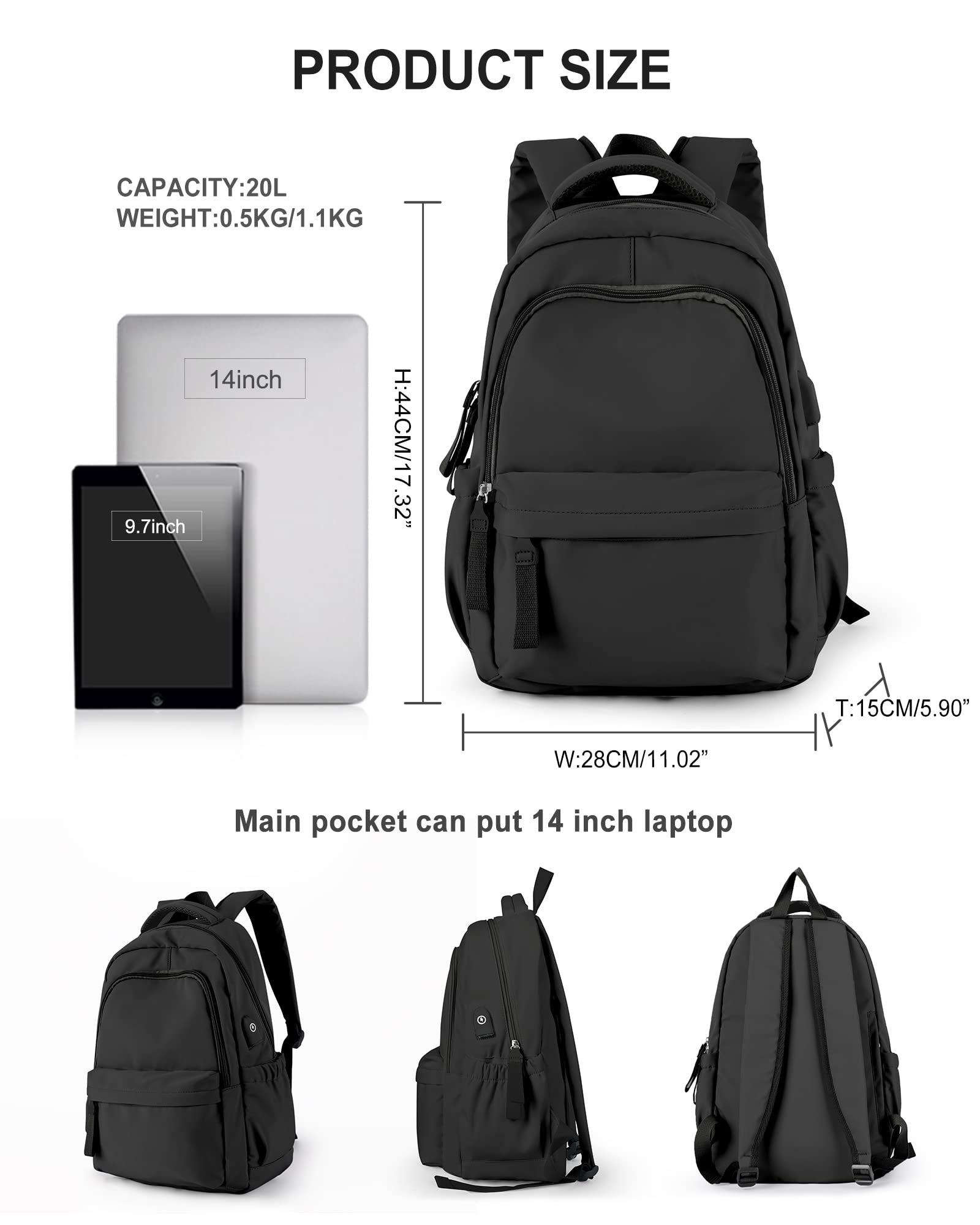 Winspansy Small Backpack for School - Lightweight Travel Daypack for Women & Men, College & High School Bookbag with USB Charging Port (Fits 14 Inch Laptop) - Perfect for Daily Commute, Campus Life & Weekend Getaways - Black