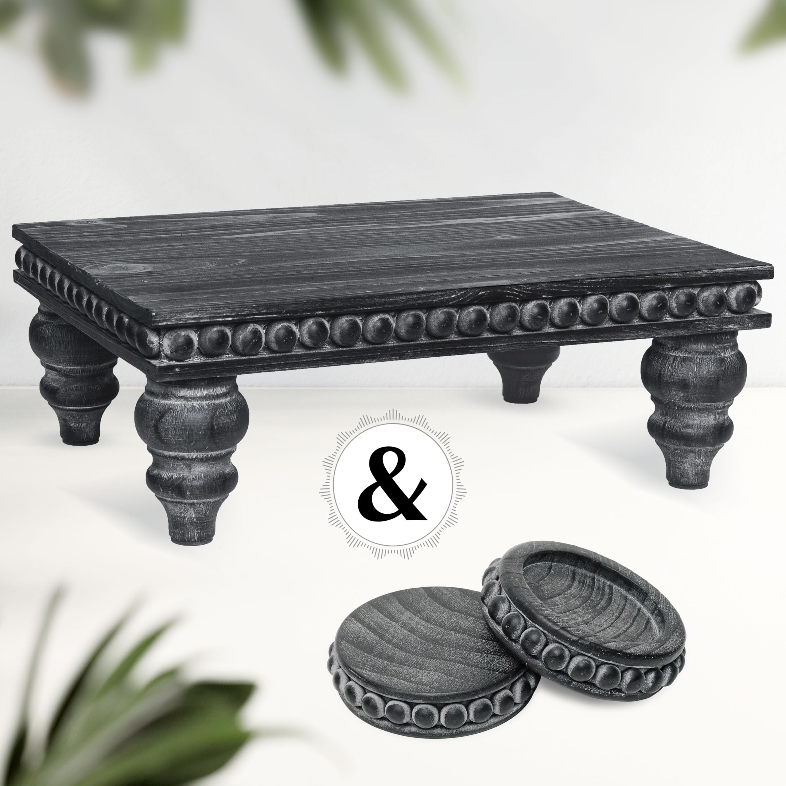 Rustic Wood Beaded Pedestal Tray Decor Riser Set - Kitchen Counter Organizer, Coffee Bar Table Display, Plant Stand with Black Woodgrain Finish | Perfect for Farmhouse Decor, Dining Table Centerpiece, and Bathroom Storage