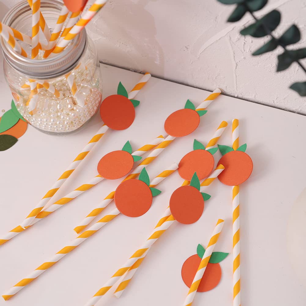 Eco-Friendly Orange Striped Paper Straws - Biodegradable Disposable Drinking Straws (15-Pack) | Perfect for Baby Showers, Birthday Parties & Sustainable Events | Little Cutie Themed Decorations
