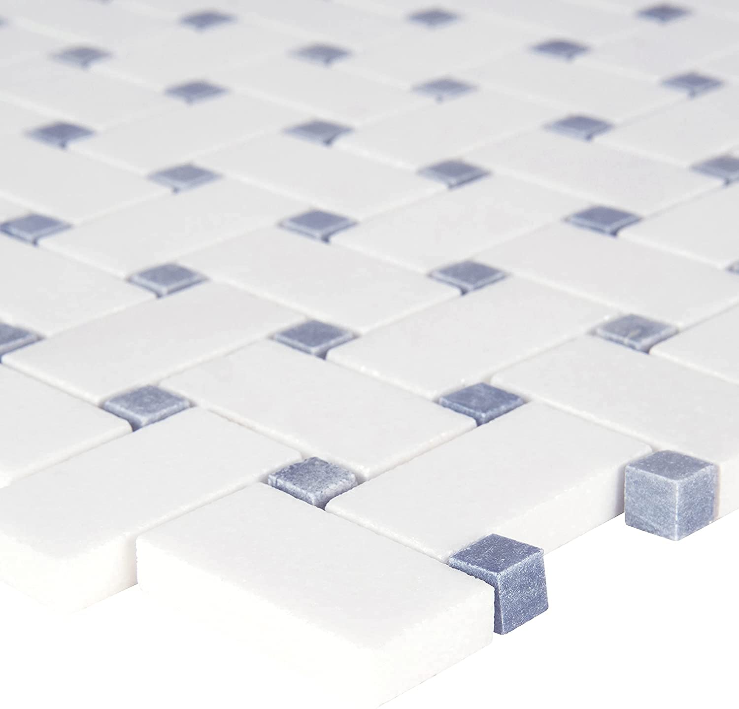 Thassos White Marble Basketweave Mosaic Tile with Light Blue Dots - 10 Sqft Box - Elegant Floor & Wall Tile for Kitchen Backsplash, Bathroom, Shower - Perfect for Modern Home & Commercial Spaces
