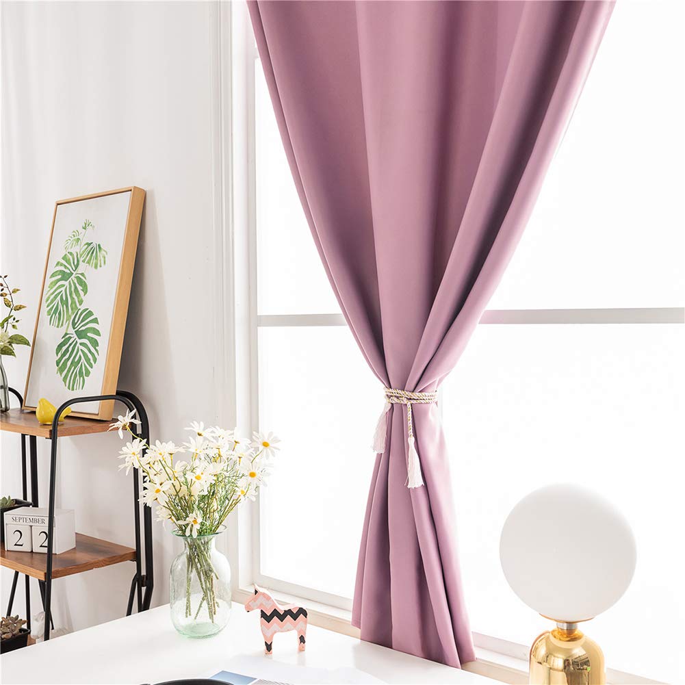 BOYOUTH Solid Color No-Hole Hook and Loop Fastener Blackout Curtains for Small Windows - 52 x 63 Inches, Purple (1 Panel) - Perfect for Bedroom, Study, Living Room & Home Office Light Blocking