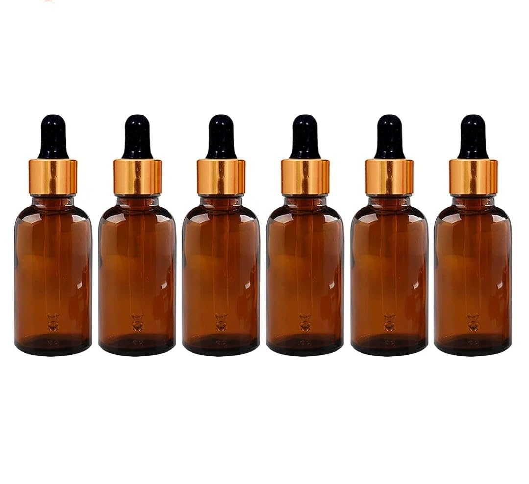 30ml Amber Glass Bottle with Dropper & Golden Ring - Refillable Essential Oil Bottles for DIY Perfumes, Aromatherapy, Skincare (Pack of 6) | Perfect for Travel, Gifts & Home Use