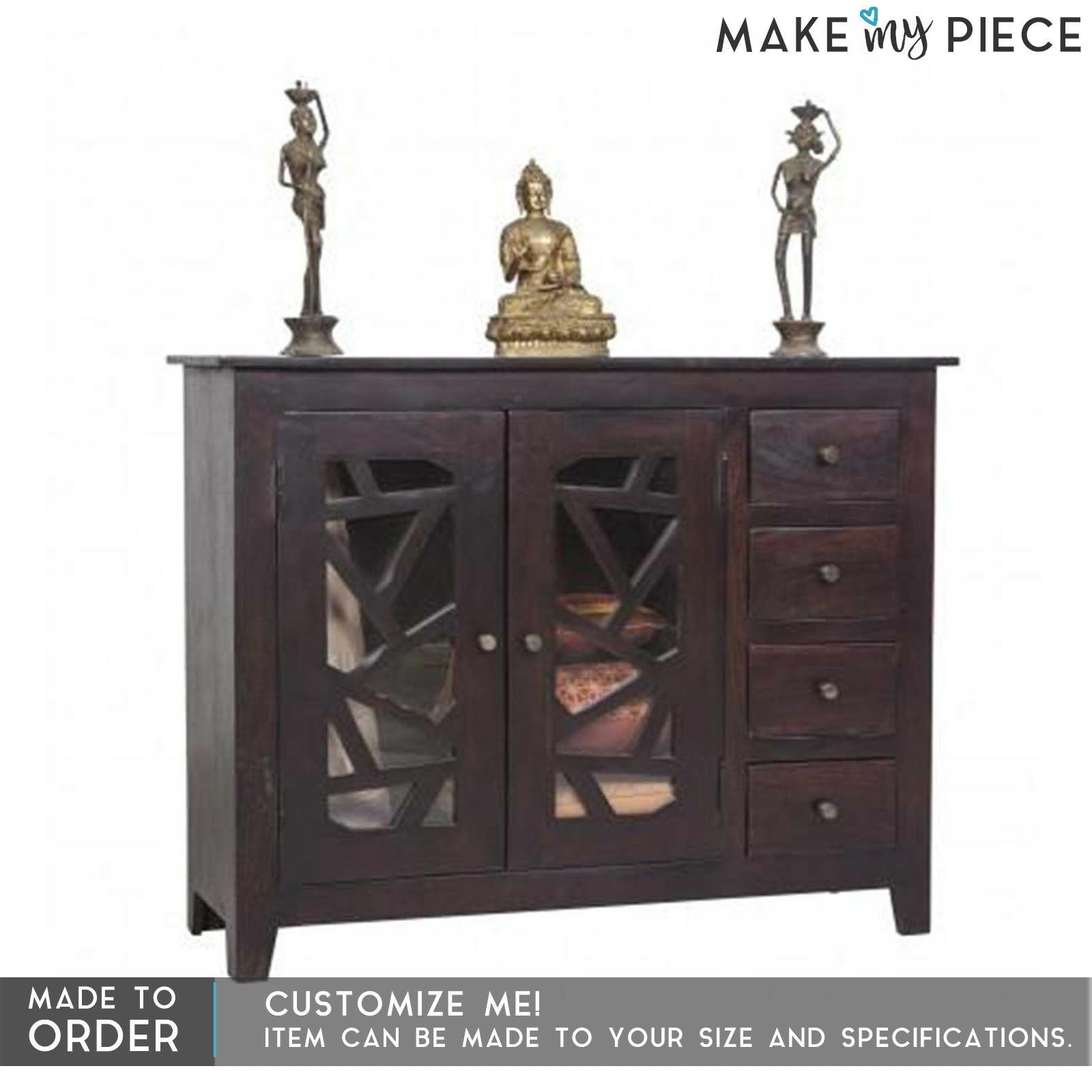 French Style Arched Glass Door Sideboard Cabinet - 1.3m Brown Wood Buffet Console Table for Dining Room, Living Room & Entryway Storage