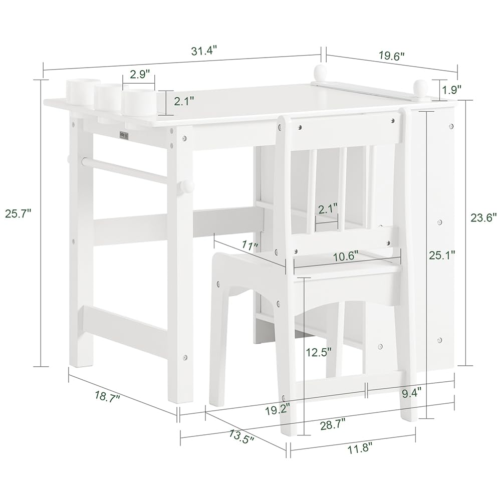2 in 1 Kids Table and Chair Set with Paper Roller & Storage - White Art Desk for Painting, Drawing, Crafts & Homework | Perfect for Playrooms, Daycares & Homeschooling