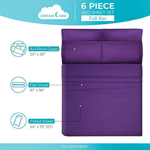 Cooling Full Size Bed Sheets Set - 6pcs Soft 100% Brushed Polyester Sheets with Side Pocket (Purple) | Breathable & Durable for Hot Sleepers | Perfect for Summer Nights, Guest Rooms & Dorm Essentials