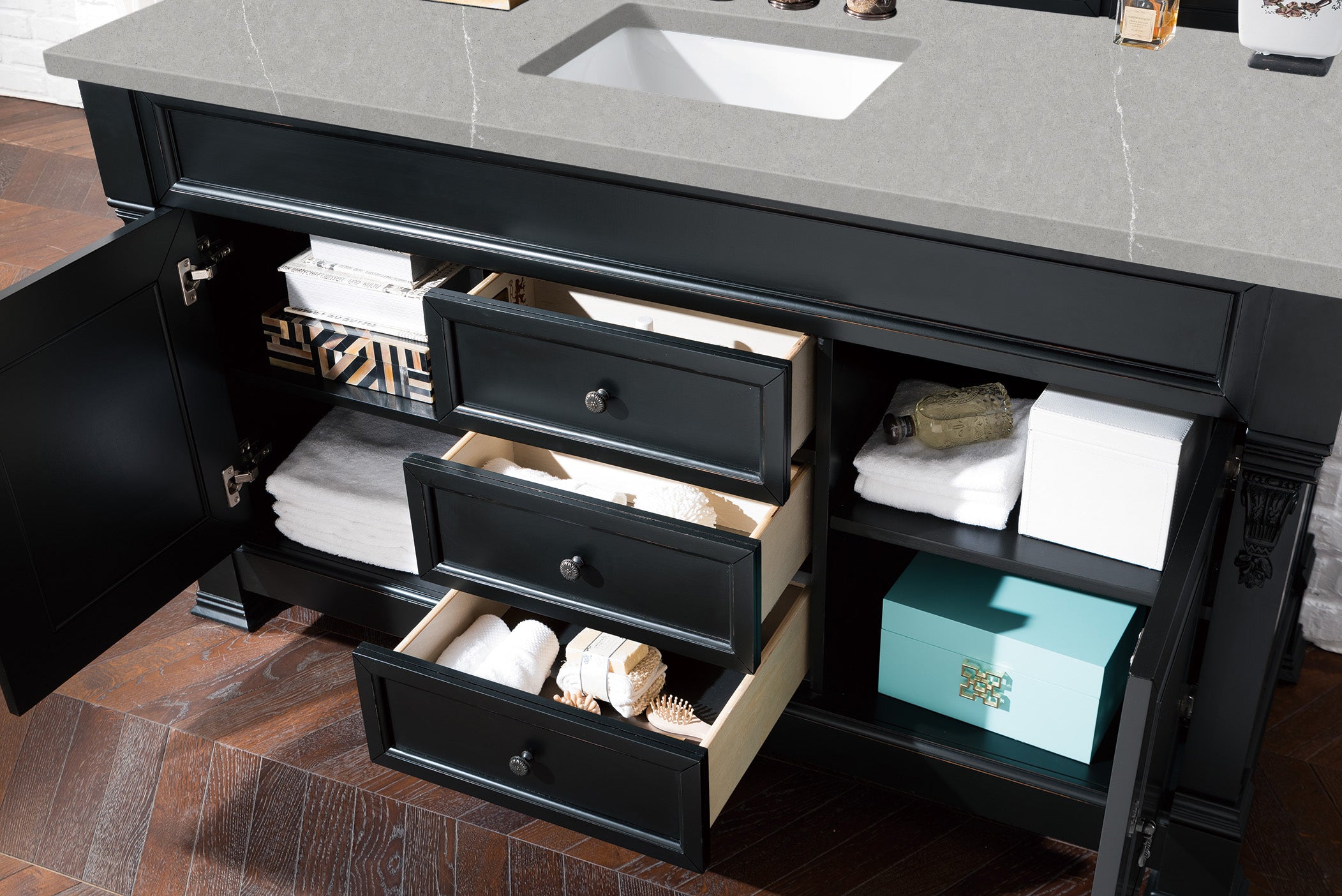 Brookfield 60 Inch Single Bathroom Vanity Set - Antique Black Finish with 3CM Eternal Serena Quartz Countertop | Perfect for Modern and Traditional Bathrooms