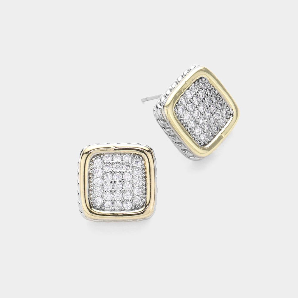14K Gold Plated Silver CZ Stone Square Stud Earrings for Women - Elegant Two-Tone Jewelry for Everyday Wear, Parties & Gifts