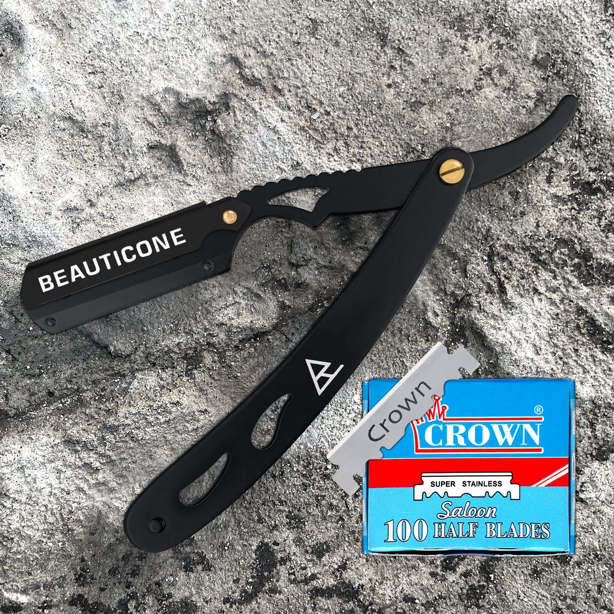 Professional Straight Razor for Men - BEAUTICONE Barber Razor with 100 Single Edge Blades, Black & Gray Leaf Handle - Perfect for Shaving, Grooming & Beard Trimming at Home or Salon