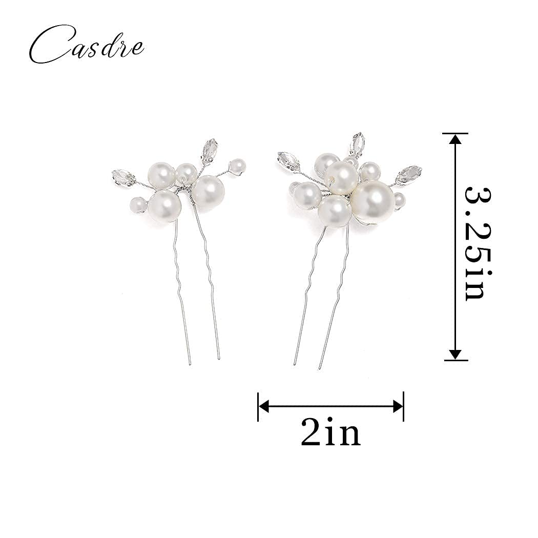 Casdre Pearl & Crystal Bridal Hair Pins - Silver Wedding Hair Accessories for Women & Girls (2-Pack) | Perfect for Bridal Showers, Weddings & Special Occasions