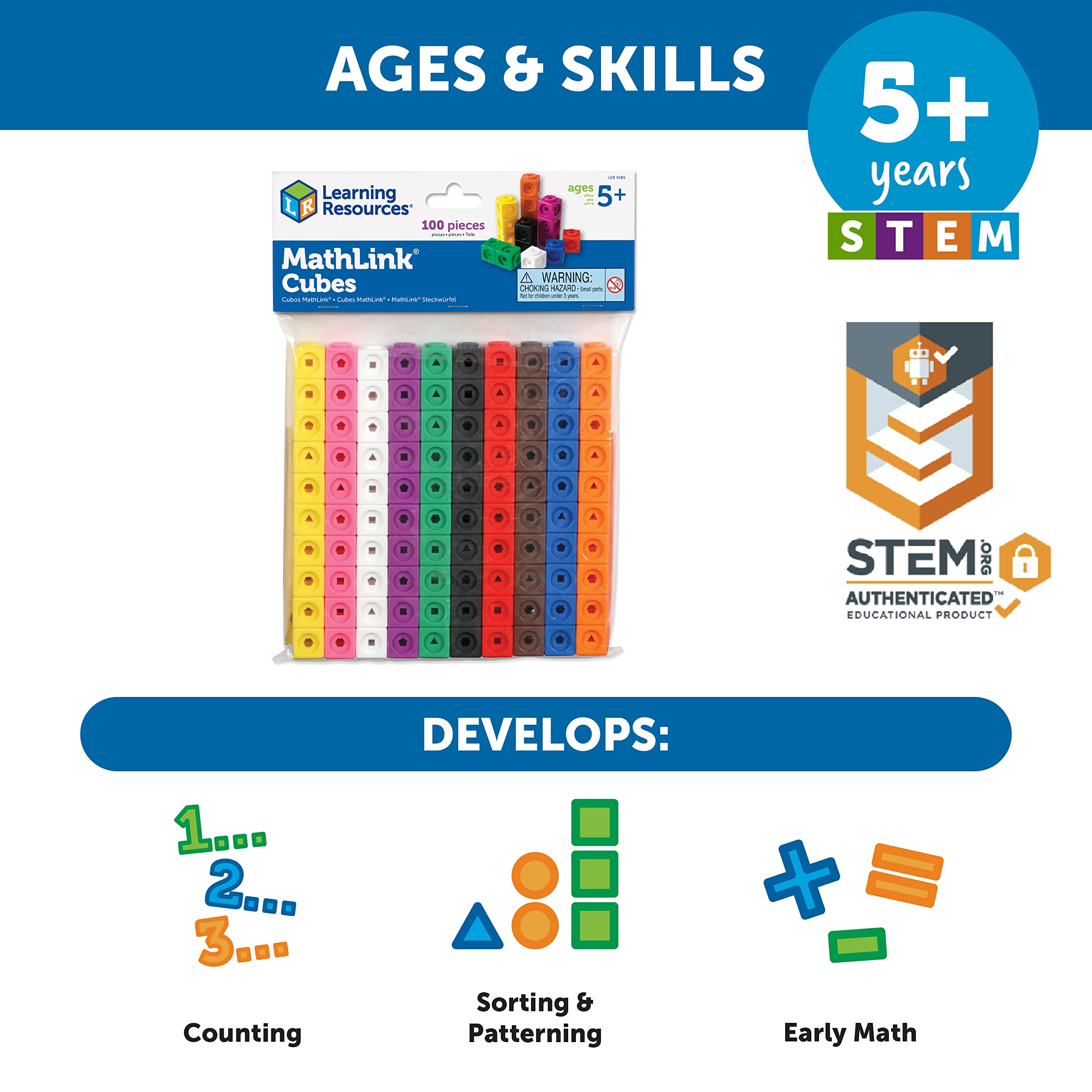 Learning Resources MathLink Cubes - 100-Piece STEM Math Manipulatives Set for Kids Ages 5+, Kindergarten Homeschool & Classroom Teacher Supplies - Counting, Sorting & Early Math Activities for Home & School Learning
