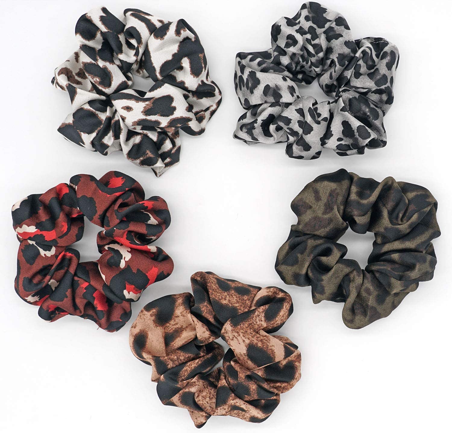 ALIBA COLLECTION 5-Pack Large Fashion Hair Scrunchies - Soft Chiffon Leopard Print Ponytail Holders, Elastic Hair Ties for Women & Girls (Multi-Design) - Perfect for Workouts, Office, Parties & Everyday Use