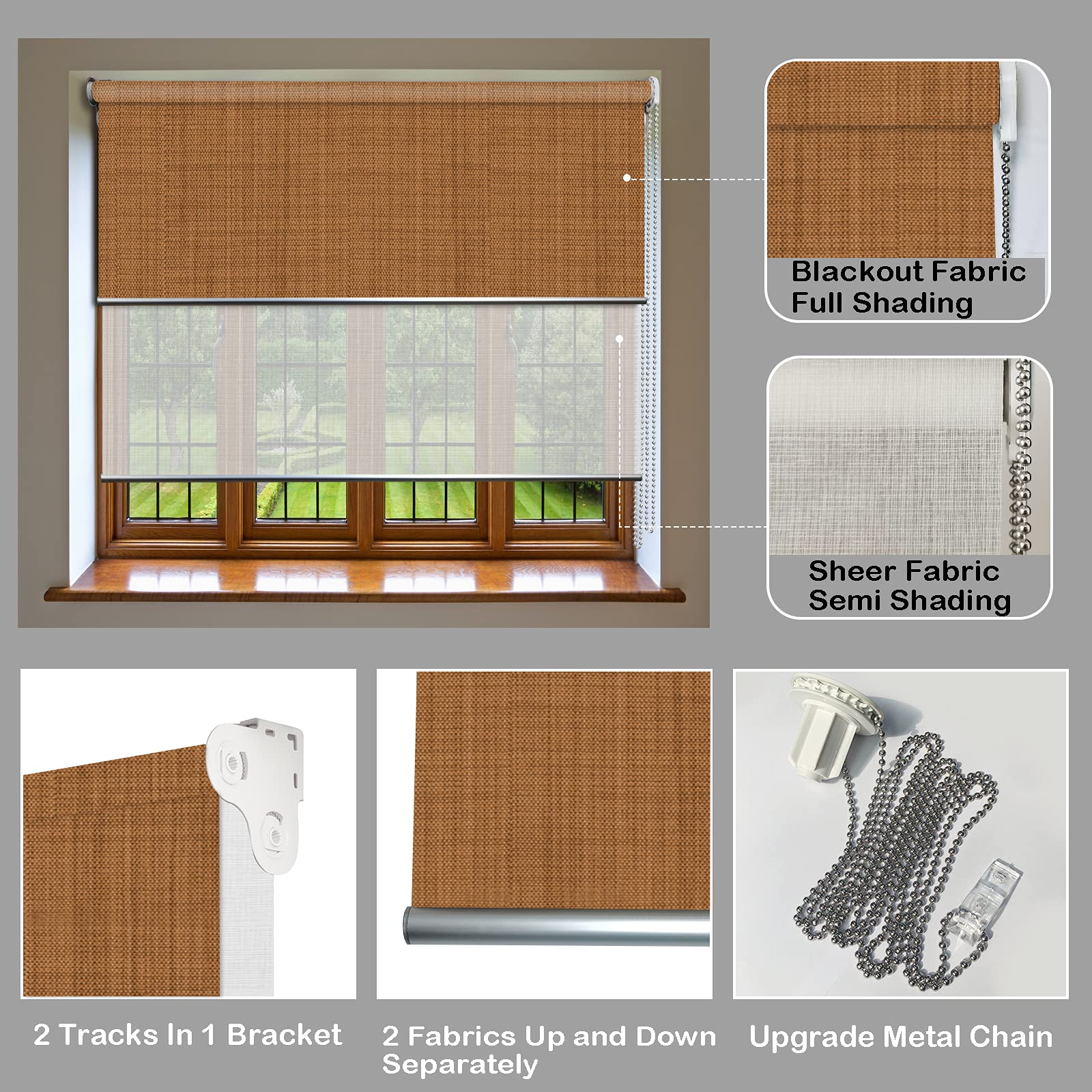 LETAU Double Layer Cordless Window Shades - 2 in 1 Blackout & Sheer Fabric Window Blinds for Multi Light Control | Olive Green | Perfect for Bedroom, Nursery & Home Office Privacy