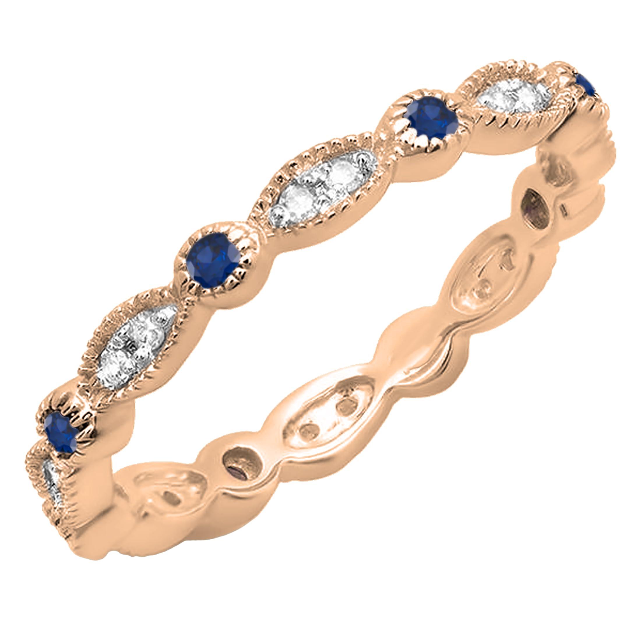14K Solid Gold Round Blue Sapphire & White Diamond Vintage Stackable Eternity Wedding Ring for Women - Elegant Bridal Jewelry, Anniversary Gift, Stackable Ring Set for Special Occasions