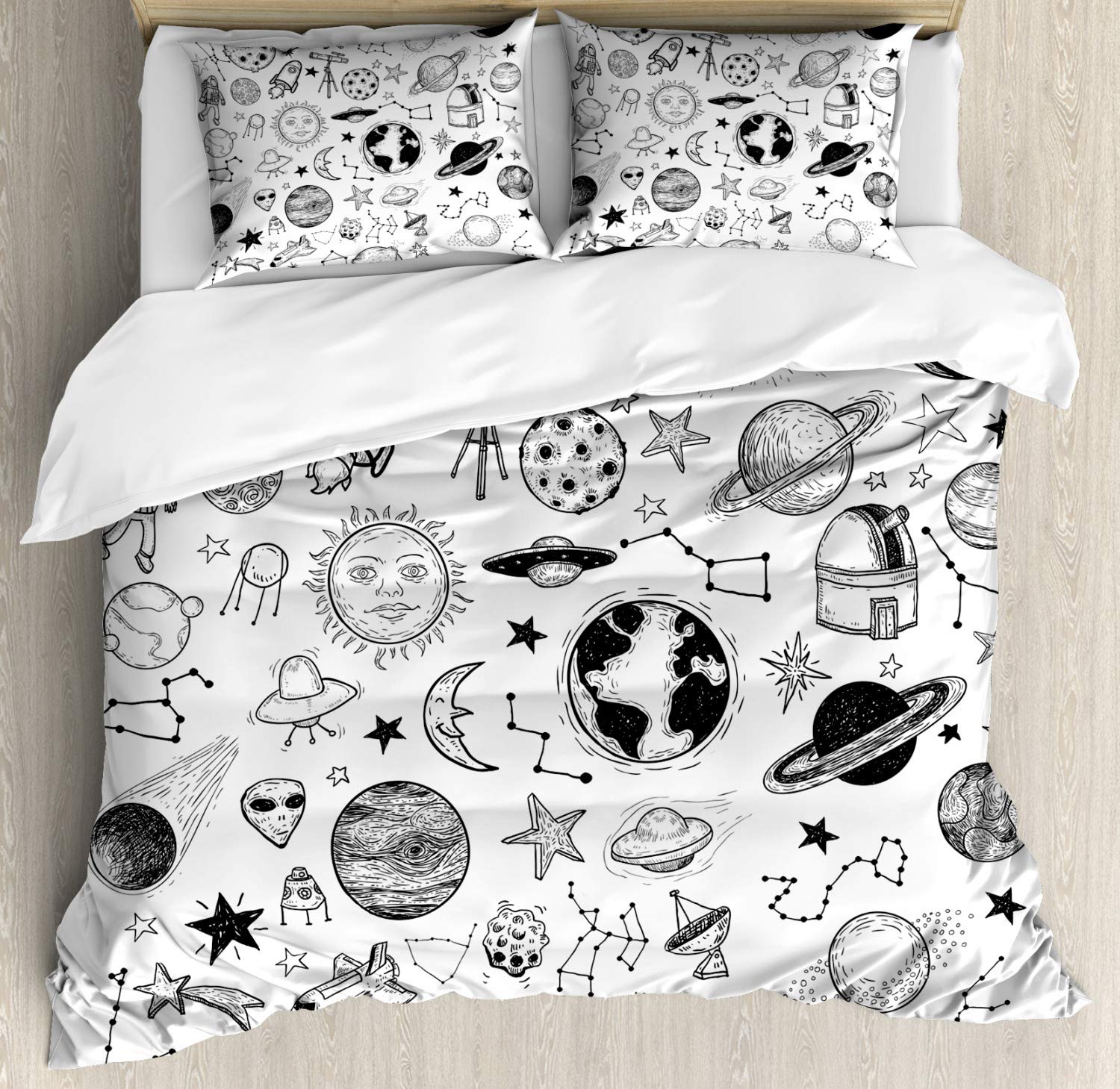 Ambesonne Cartoon Duvet Cover Set King Size - Hand Drawn Planets Asteroids Constellations Monochrome Universe Design - 3 Piece Bedding Set with 2 Pillow Shams, White & Black - Perfect for Kids Room, Space Themed Bedroom & Astronomy Lovers