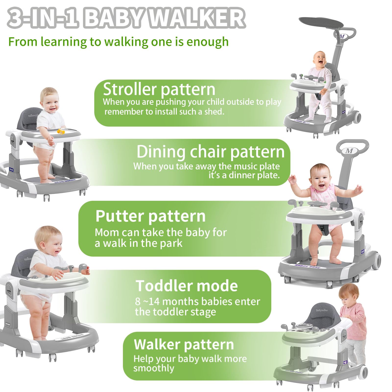 Foldable Baby Walker with Wheels - 5 Modes, Music & Adjustable Height (6-12 Months) | Includes Push Handle, Bouncer, Food Tray & Sunshade | Perfect for Learning to Walk & Indoor Play (Grey)