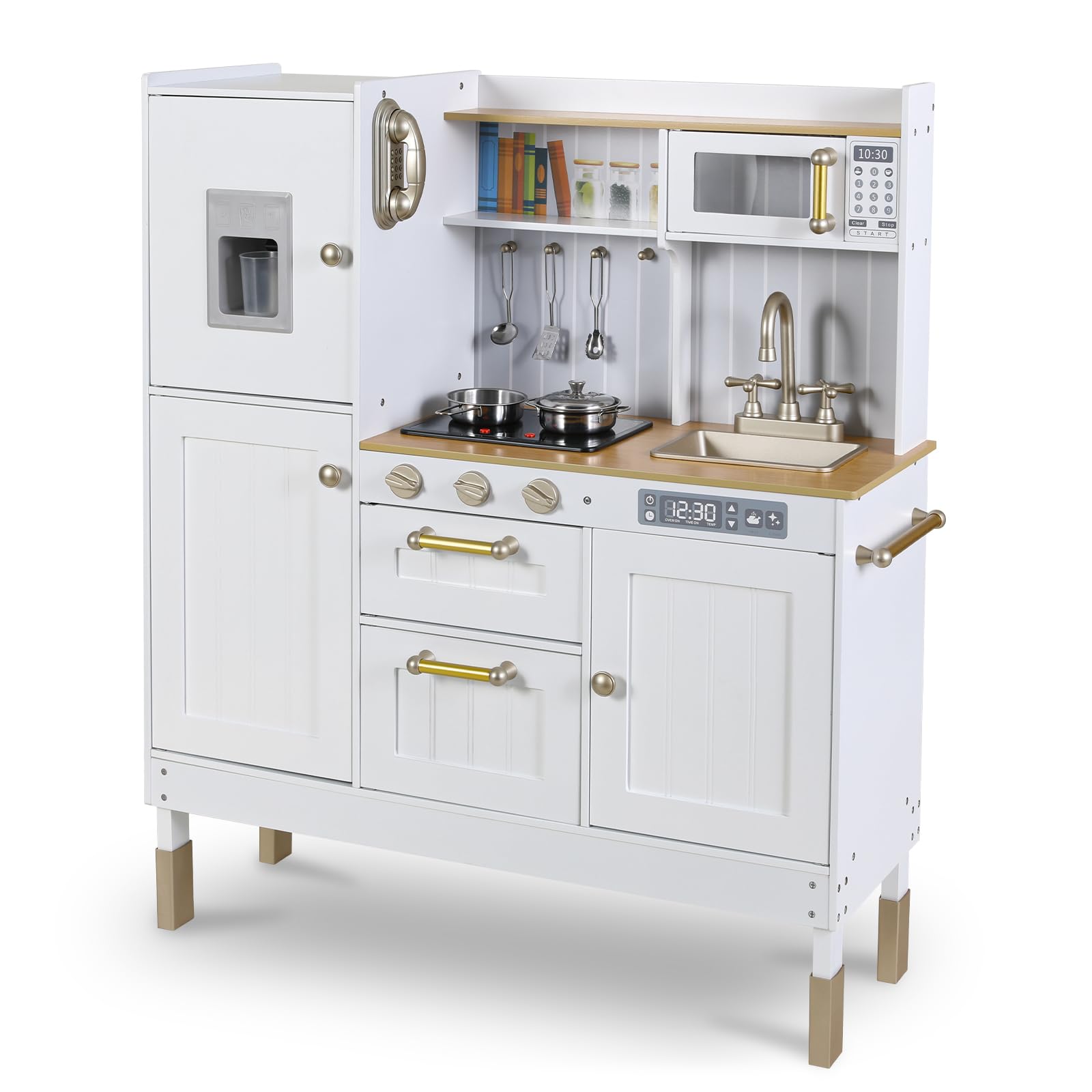 **Arlopu Wooden Play Kitchen for Kids - Pretend Cooking Set with Realistic Light & Sound, Stove, Fridge, Microwave & Removable Sink - Interactive Toy Kitchen for Toddlers & Preschoolers (White) - Perfect for Role Play, Birthday Gifts & Indoor Pretend Play**