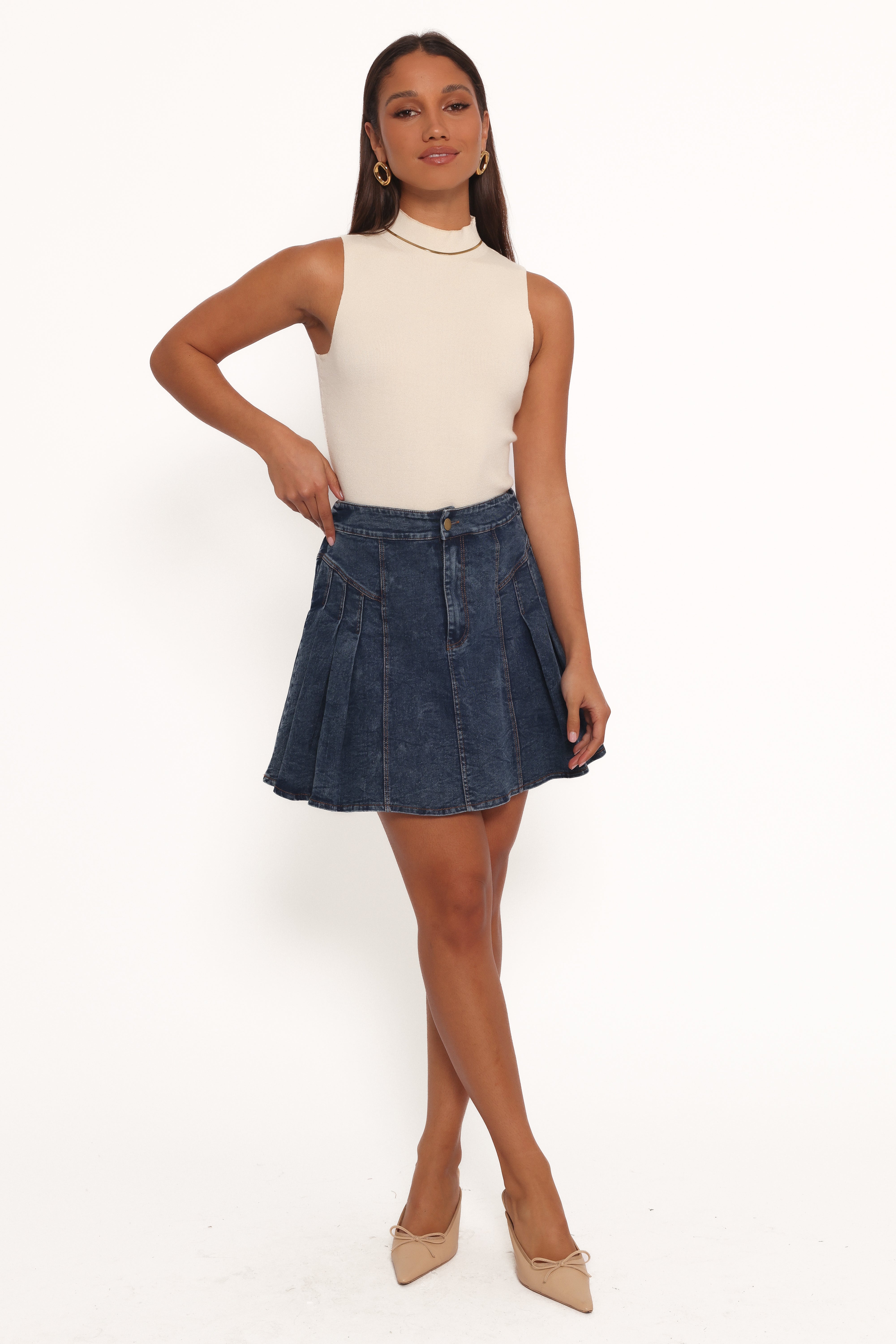 Alek Pleated Mini Skirt - Mid Wash Denim Skirt for Women | Trendy High Waisted Denim Skirt | Perfect for Casual Outfits, Date Nights & Summer Fashion