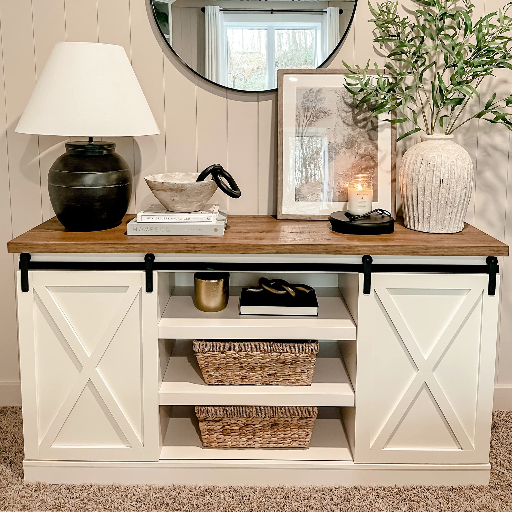 PHI VILLA Farmhouse Coffee Bar Cabinet with Sliding Barn Door - Rustic Kitchen Sideboard Buffet Storage Cabinet for Dining Room, Living Room & Home Office Organization