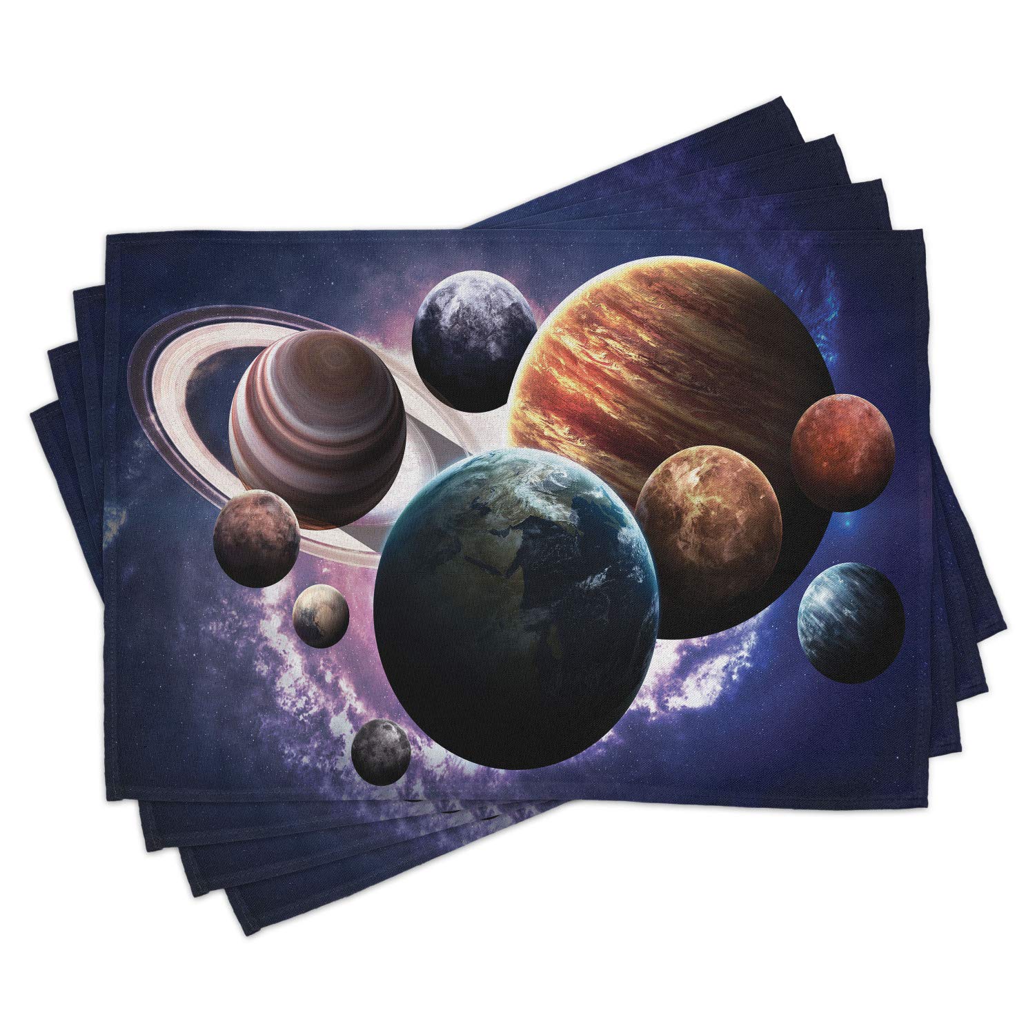 Ambesonne Space-Themed Place Mats Set of 4 - Solar System Planets Design with Mercury, Jupiter, Saturn - Washable Fabric Table Mats for Dining Room & Kitchen Decor (Multicolor) - Perfect for Astronomy Lovers, Sci-Fi Themed Parties & Educational Settings