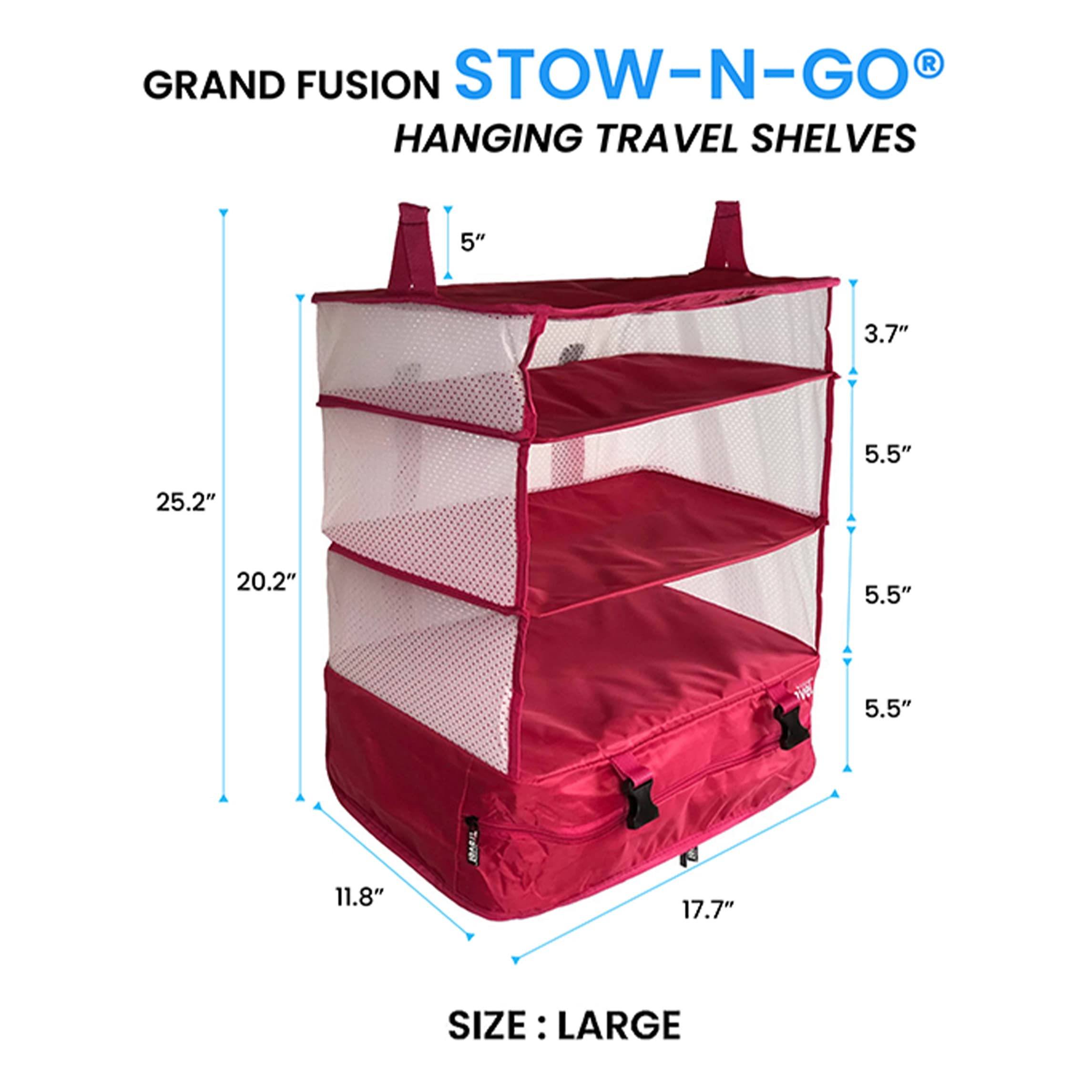 Grand Fusion Stow-N-Go Portable Hanging Travel Shelves - Expandable Packing Organizer for Luggage & Carry-On Closet (Pink, XL 17.7