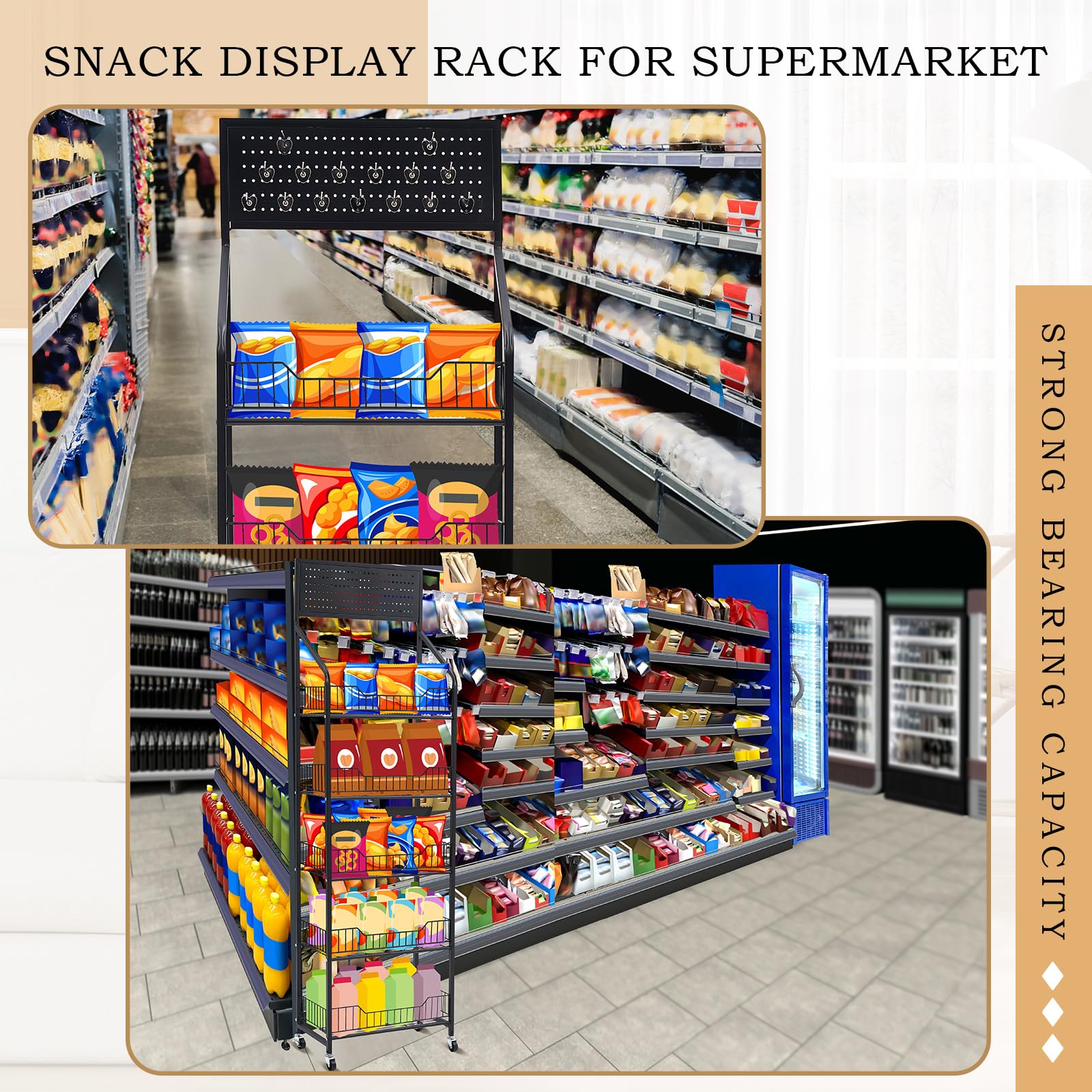 Heavy-Duty 5-Tier Metal Retail Display Rack with Wheels & 15 Hooks - Snack, Potato Chip Organizer Cart for Supermarket, Grocery Store, Home Kitchen (Black) | Perfect for Concession Stands, Pantry Organization & Retail Product Displays