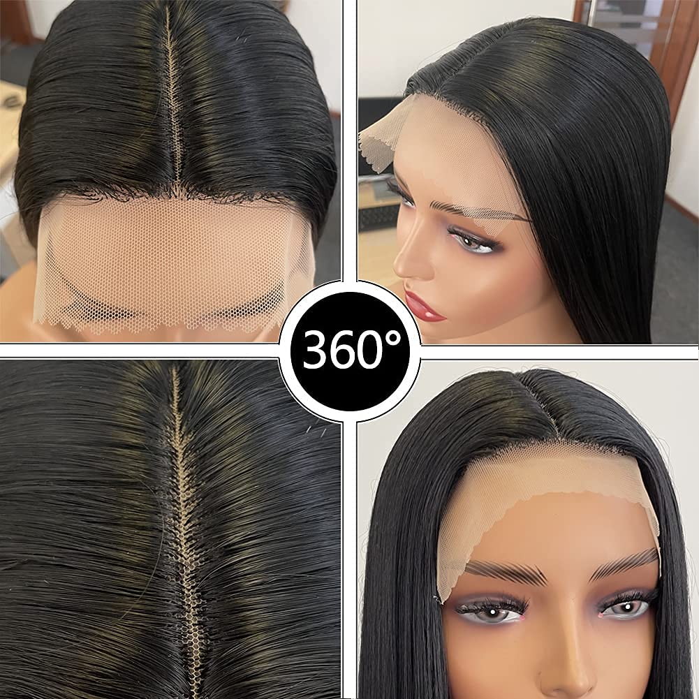 PORSMEER 24 Inch Long Black Lace Front Wig - Heat Resistant Synthetic Hair for Women, Natural Looking Straight Wig with Middle Parting | Perfect for Cosplay, Daily Wear & Special Occasions