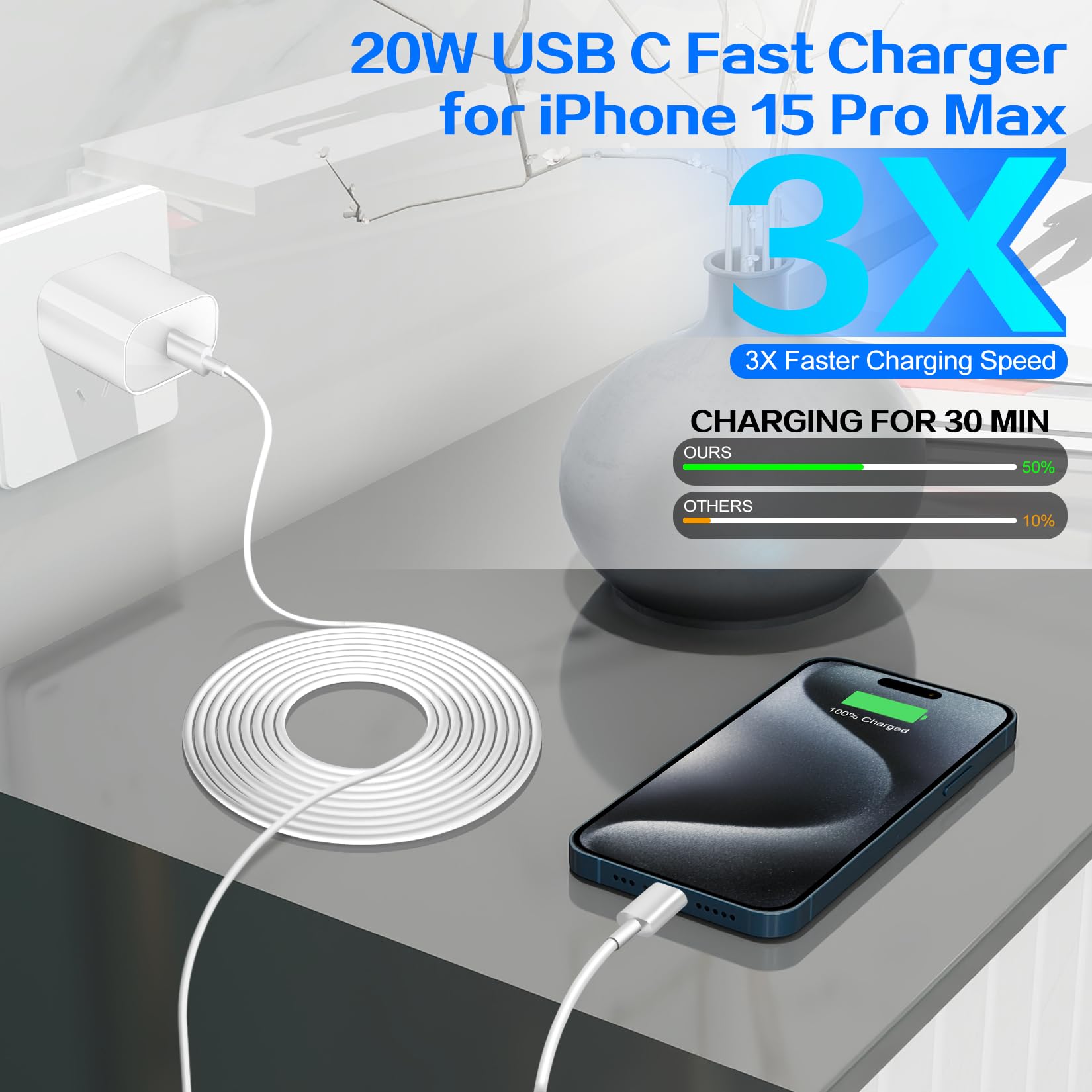 Fast Charging 20W USB C Charger Block 2-Pack with 6FT USB C Cable - Compatible with iPhone 16 Pro/Pro Max/16/16e & iPhone 15 Series/iPad Pro - Quick Charge for Home, Office & Travel