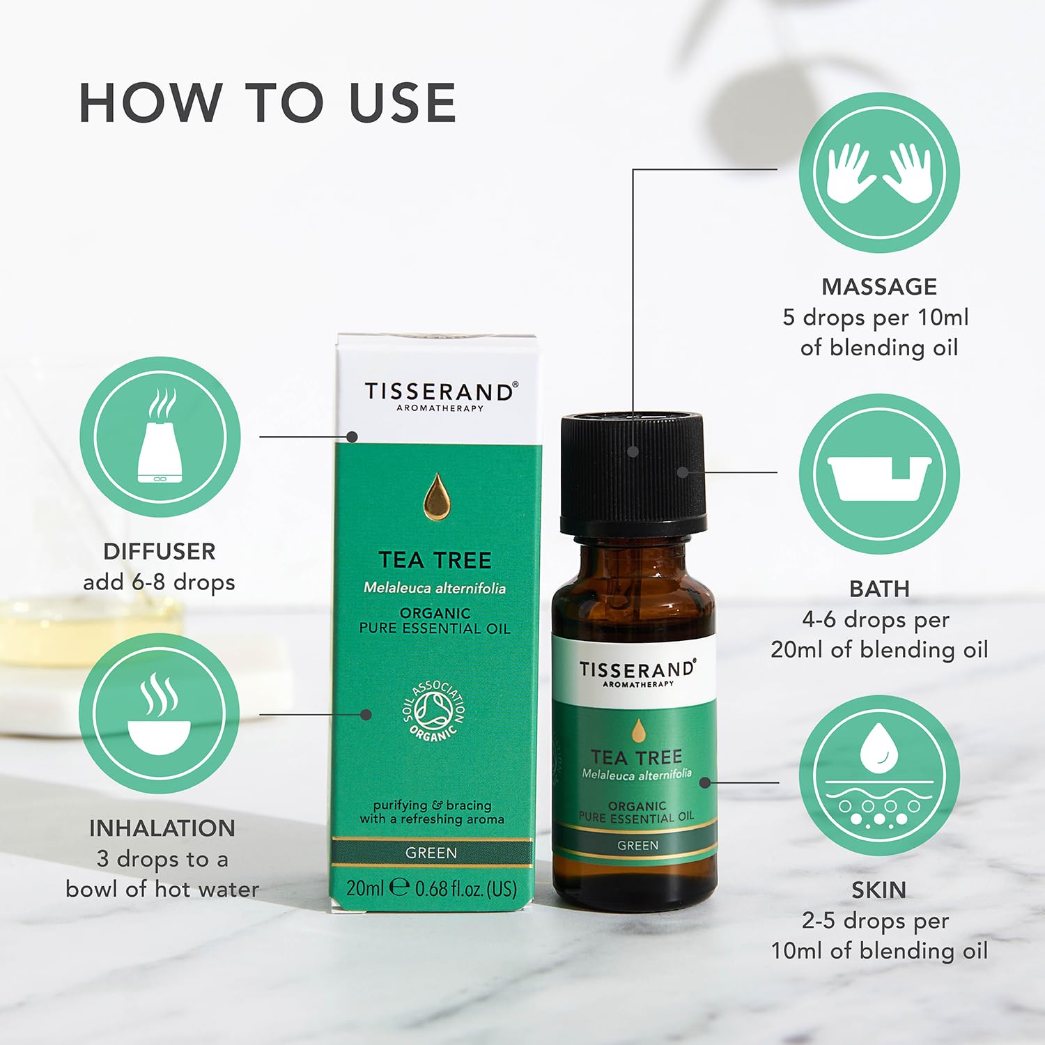 **Tisserand Organic Tea Tree Essential Oil - 100% Pure Natural Aromatherapy Oil for Massage, Skin Care & Diffusers | 20ml | Relaxation, Stress Relief & Home Spa**