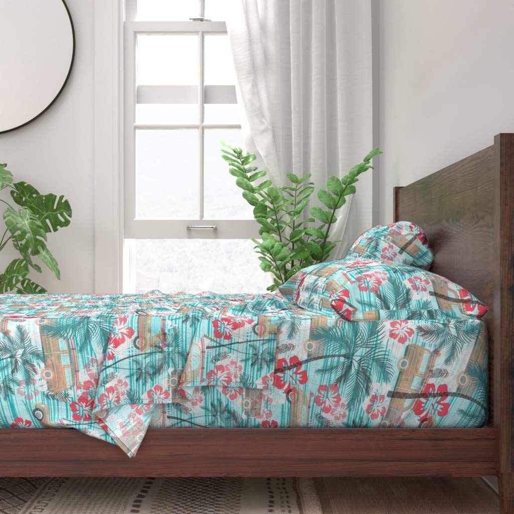 Vintage Beach Cruisin Hawaiian Print 100% Cotton Twin Sheet Set - 3pc Palm Trees, Cars & Hibiscus Flowers Design for Custom Bedding | Perfect for Beach Themed Bedrooms, Guest Rooms & Vacation Homes