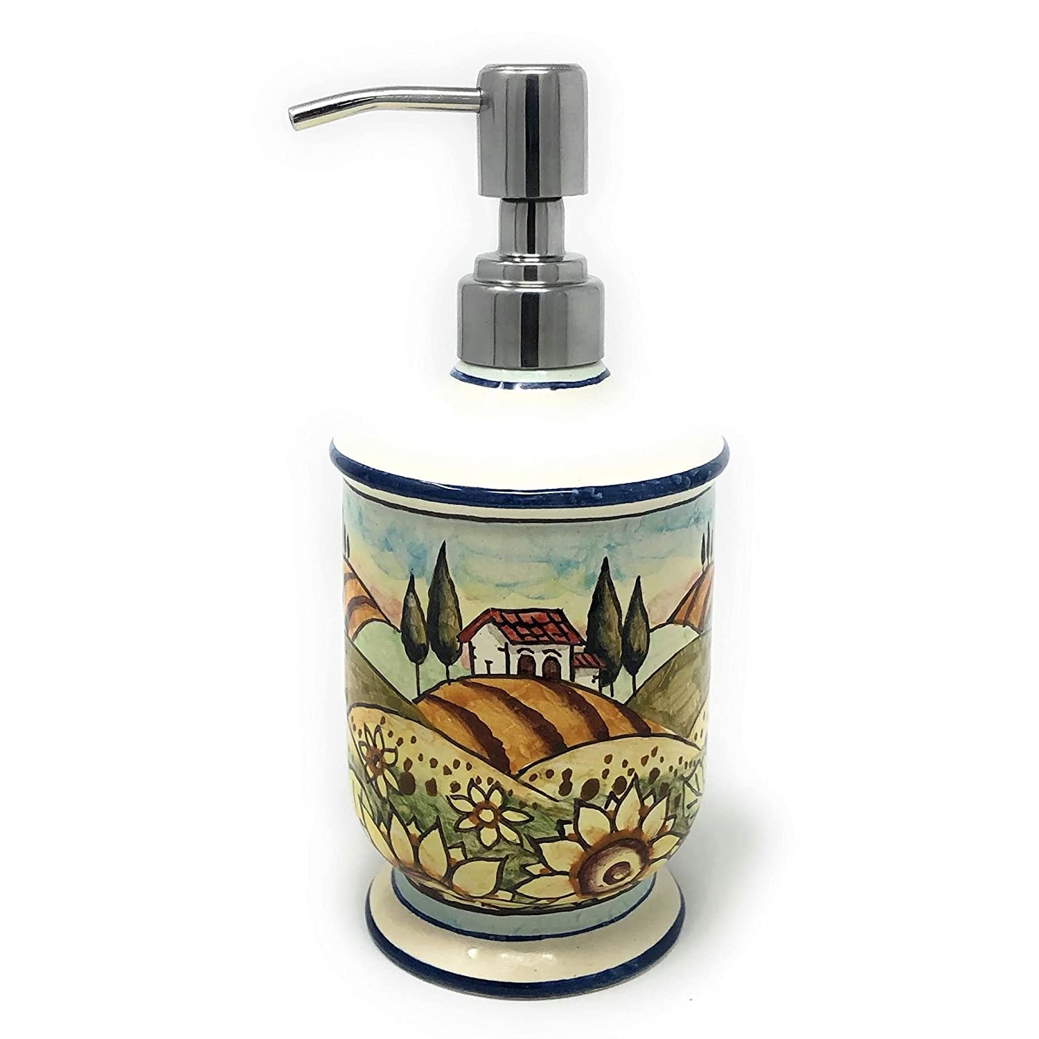 Italian Ceramic Soap Dispenser - Hand Painted Tuscan Sunflower Design, Rust Proof Stainless Steel Pump for Bathroom & Kitchen | Made in Italy | Perfect for Farmhouse, Mediterranean & Vintage Home Decor