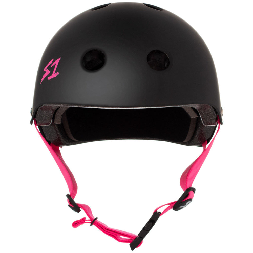 S One Lifer Helmet - Matte Black with Pink Straps | Skateboard, BMX & Scooter Safety Gear | Perfect for Urban Riding & Extreme Sports