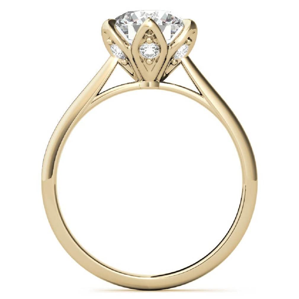 10K/14K/18K Solid Yellow Gold Handmade Moissanite Wedding Ring - 2.5 Carat Round Cut Solitaire Engagement Ring with Floral Setting - Women's Anniversary & Bridal Jewelry Gift Set for Weddings, Proposals & Special Occasions (MDENR825)