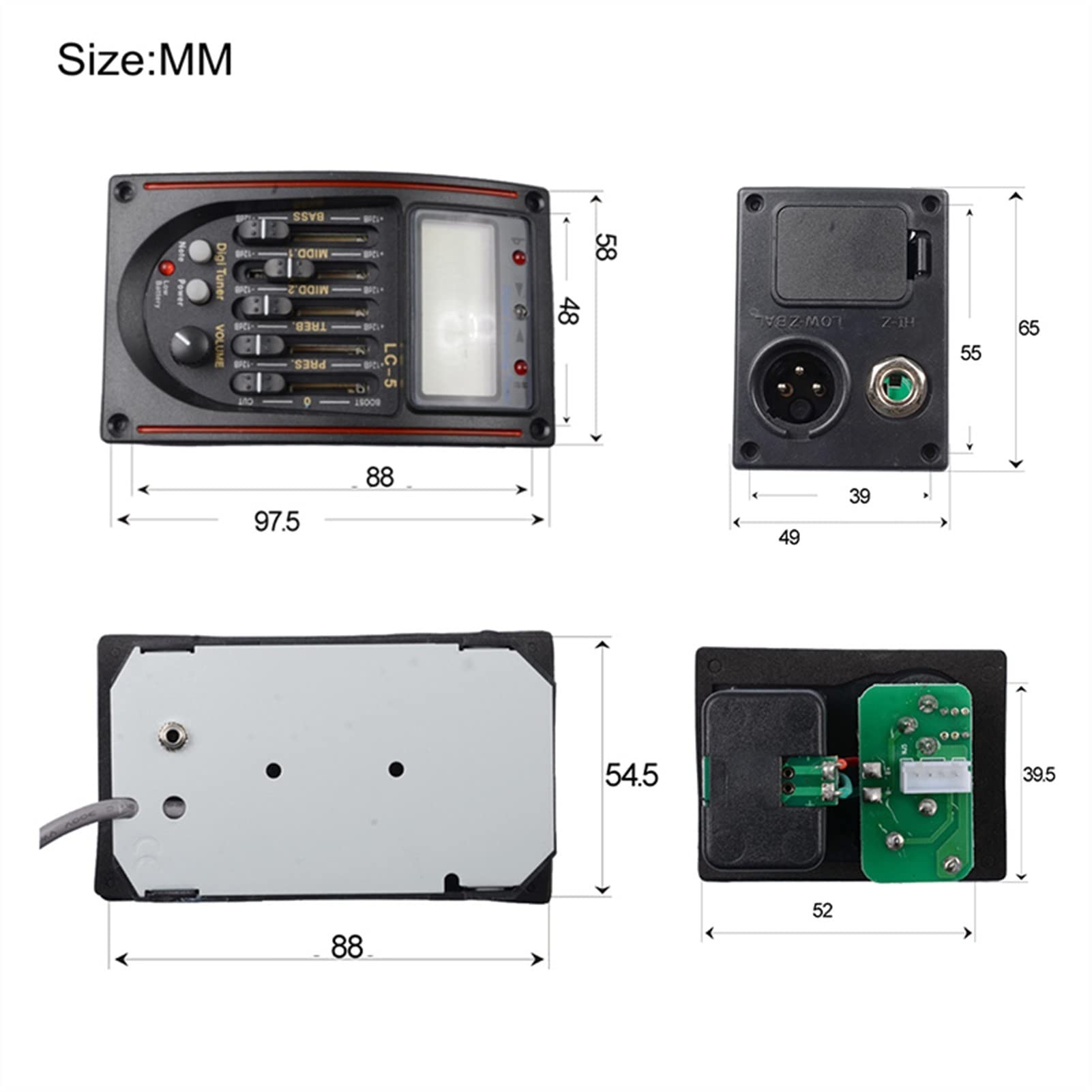 5-Band Acoustic Guitar Pickup EQ Preamp with LCD Tuner & Piezo Pickup - Professional Equalizer System for Live Performance & Studio Recording
