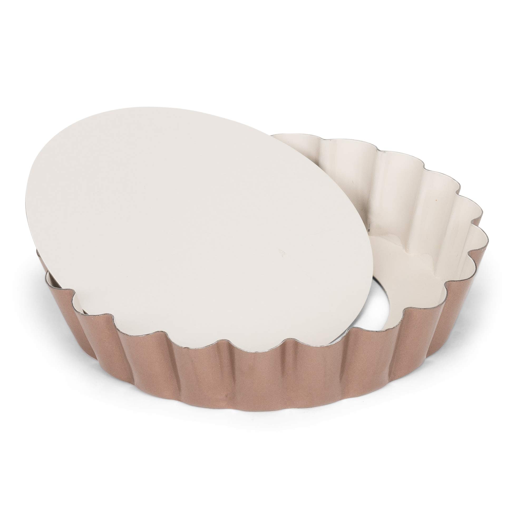 **Patisse Ceramic Mini Round Quiche Pan with Removable Bottom – 4 Inch / 10cm, Non-Stick Coating, White & Copper – Perfect for Baking Mini Quiches, Tarts, and Pies at Home**