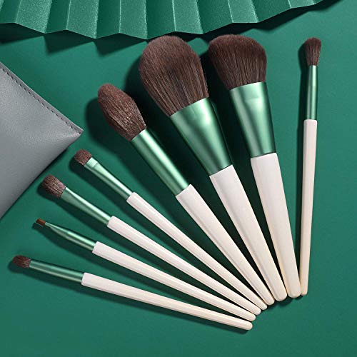 Movo Premium Synthetic Makeup Brushes Set - 8 Piece Professional Cosmetic Brush Kit with Travel Pouch for Foundation, Powder, Eyebrow, Concealer & Eyeshadow | Perfect Gift for Makeup Lovers & Travel | Vegan Cruelty-Free Makeup Tools (Green)