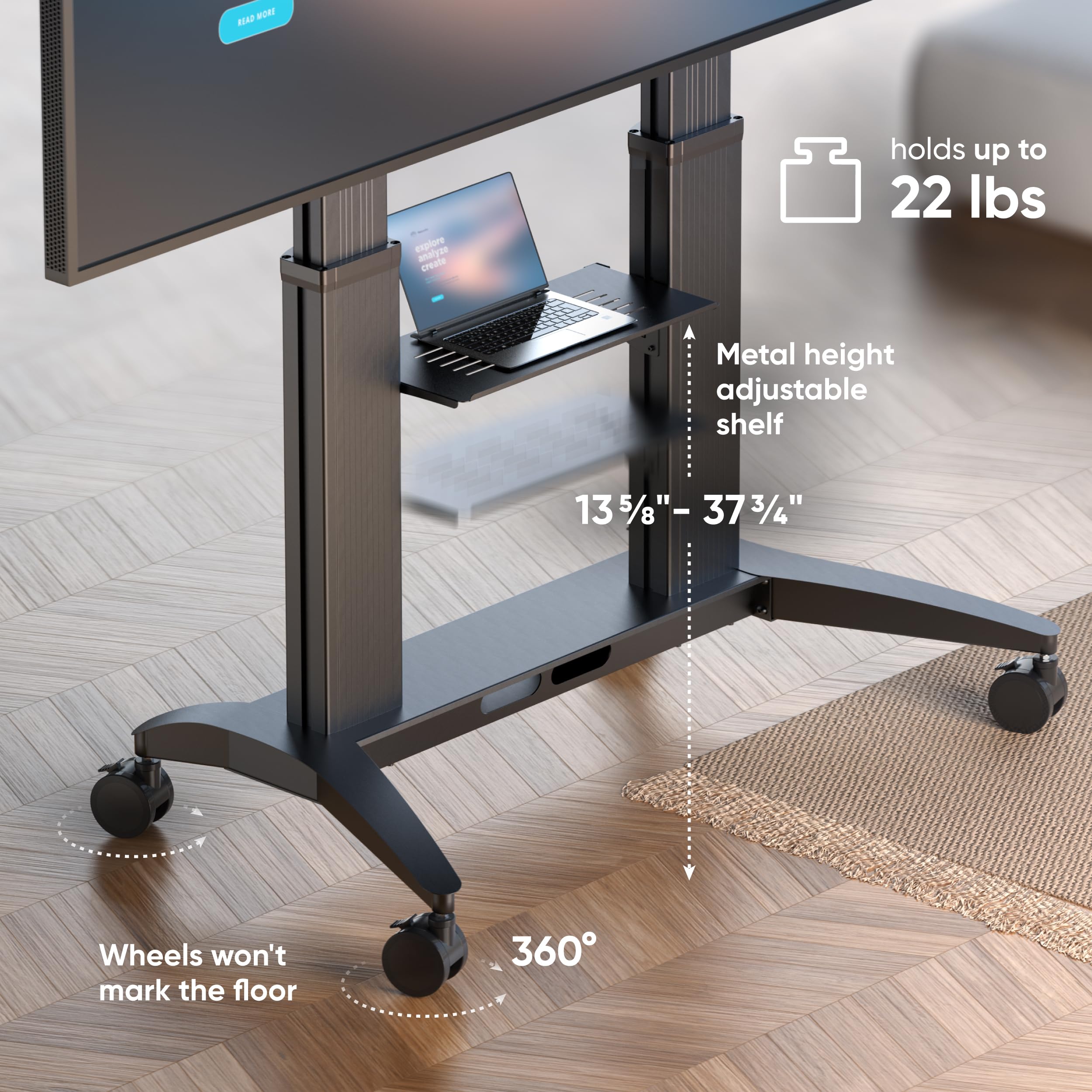 Heavy Duty Mobile TV Stand on Wheels for 70-110 Inch TVs up to 320 lbs - Adjustable Height TV Cart with Shelf & Aluminum Columns, Max VESA 1000x600 - Perfect for Living Rooms, Home Theaters & Commercial Use - Portable Black Rolling TV Stand
