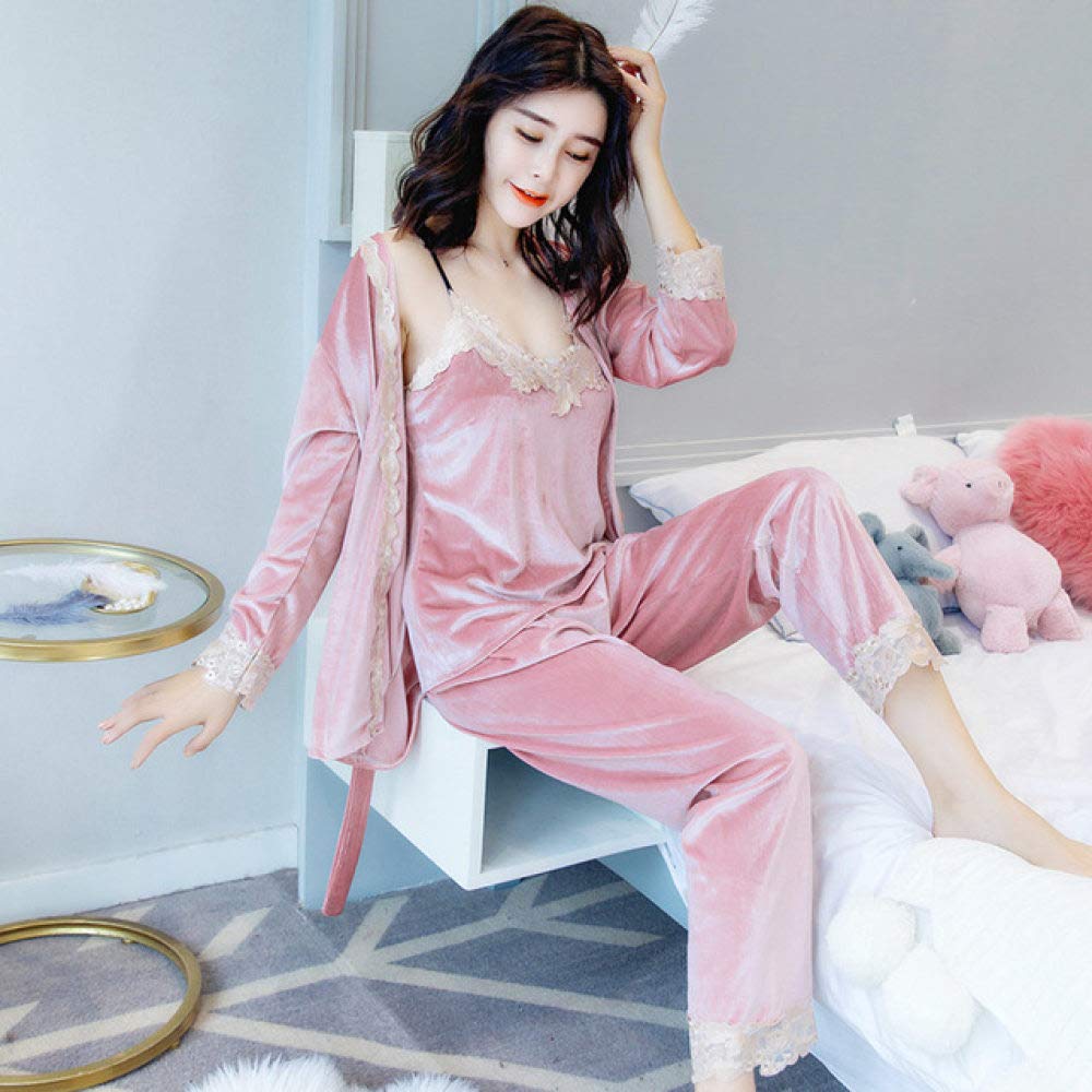 Women's Velvet Winter Pajama Set - Warm Long Sleeve Sleepwear with Robe & Pants, Soft Deep Gold Loungewear for Cozy Nights at Home | Perfect for Winter, Fall & Holiday Season Gifts (Size M)