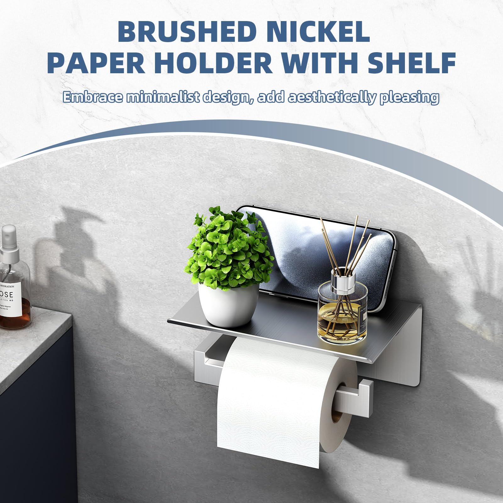 APLusee Brushed Nickel Toilet Paper Holder with Phone Shelf - 304 Stainless Steel Wall Mounted Bathroom Tissue Roll Dispenser - Perfect for Modern Homes, Apartments & Guest Bathrooms