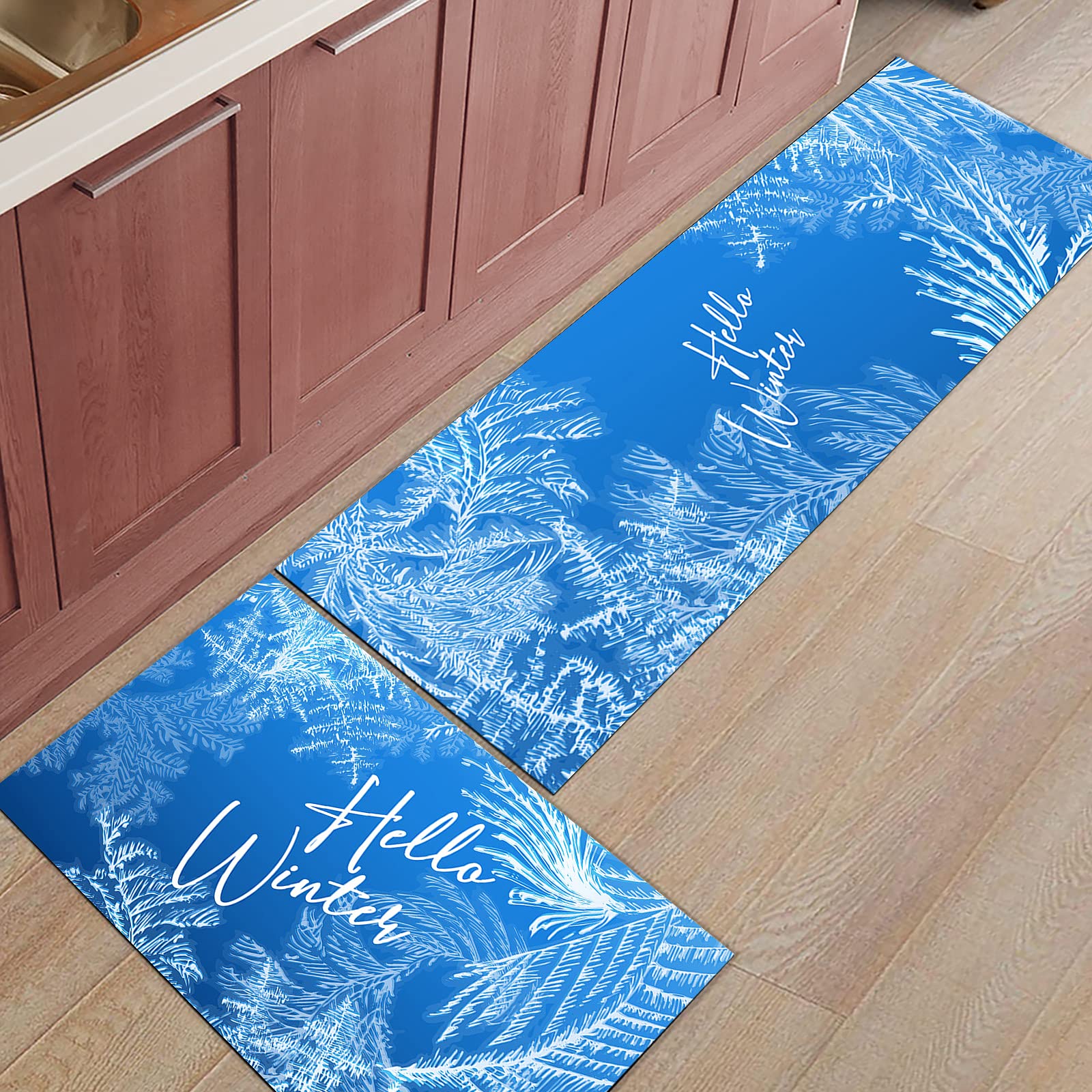 2-Piece Non-Slip Snowflake Kitchen Rug Set - Cushioned Freeze-Resistant Indoor Doormats for Entrance, Living Room Decor | Winter Blue Durable Floor Mats for Home, Kitchen & High-Traffic Areas