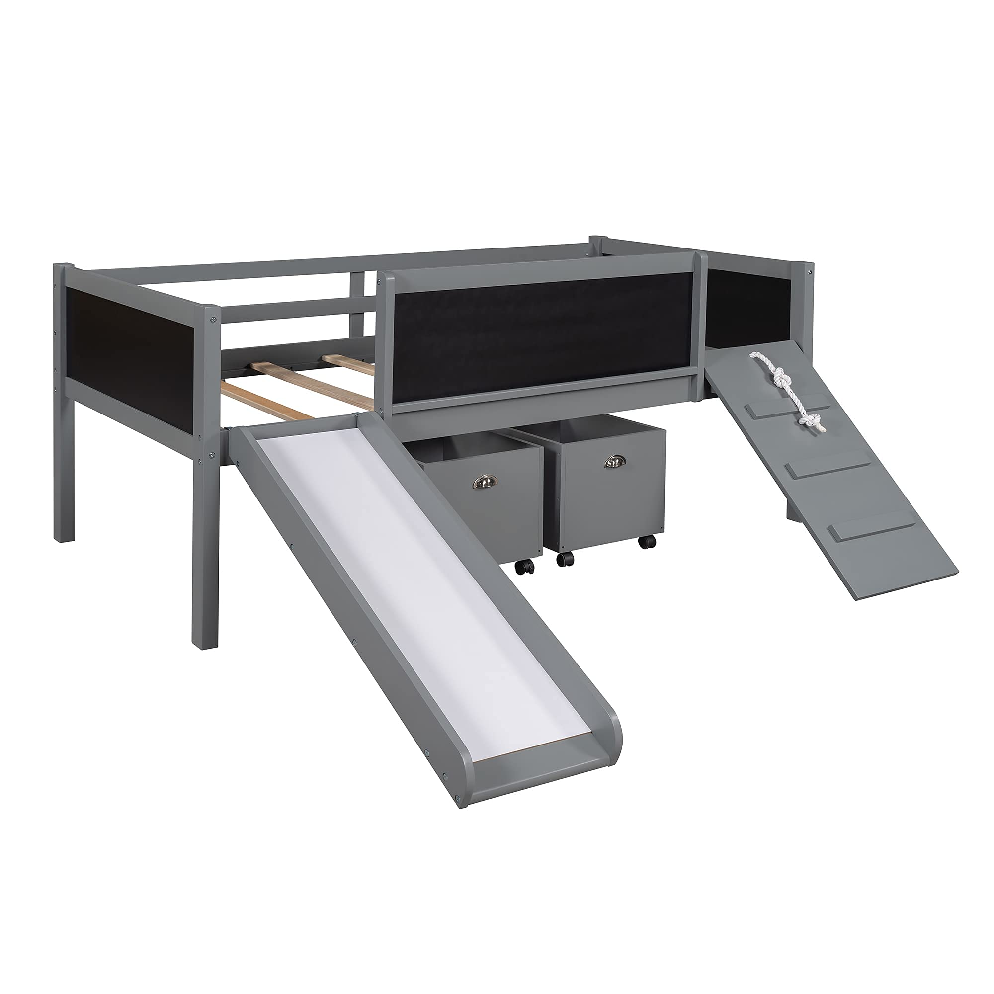 Harper & Bright Designs Twin Size Low Loft Bed with Slide, Climbing Frame, Rope & 2 Storage Boxes - Gray Wooden Kids Loft Bed with Chalkboard | Perfect for Small Bedrooms, Playrooms & Dorm Rooms