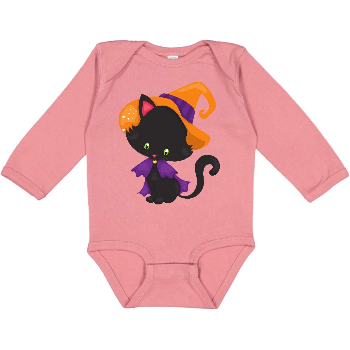 Inktastic Halloween Cat T-Shirt - Cute Black Cat with Witch Hat Long Sleeve Creeper for Women | Halloween Party, Cosplay, Witch Costume, Themed Events