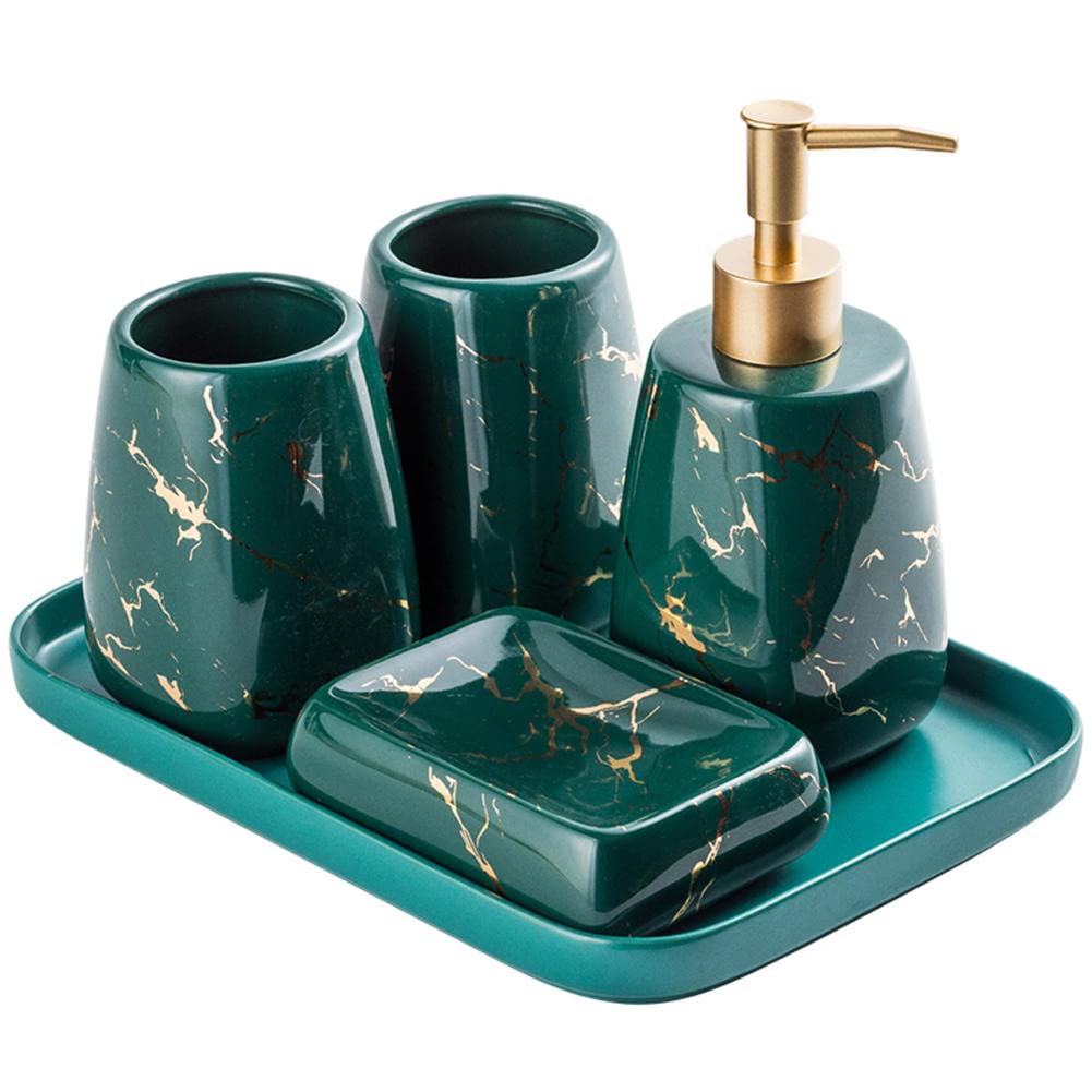 Premium Ceramic Glossy Marble Bathroom Accessory Set - Toothbrush Holder, Soap Dish, Mouthwash Cup & Tray - Modern Bathroom Organizer for Home & Hotel Use - Perfect for Spa, Guest Bath & Luxury Washroom Decor