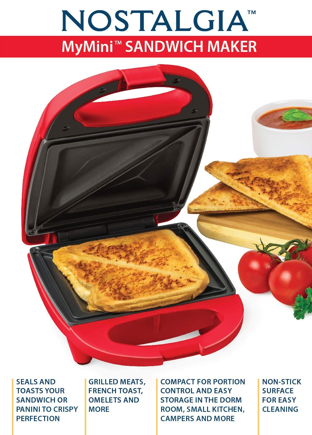 Nostalgia Mini Sandwich Maker - Compact Panini Press & Toaster for Portion Control, Seals & Toasts Perfectly (Red) - Ideal for Dorms, Offices & Small Kitchens