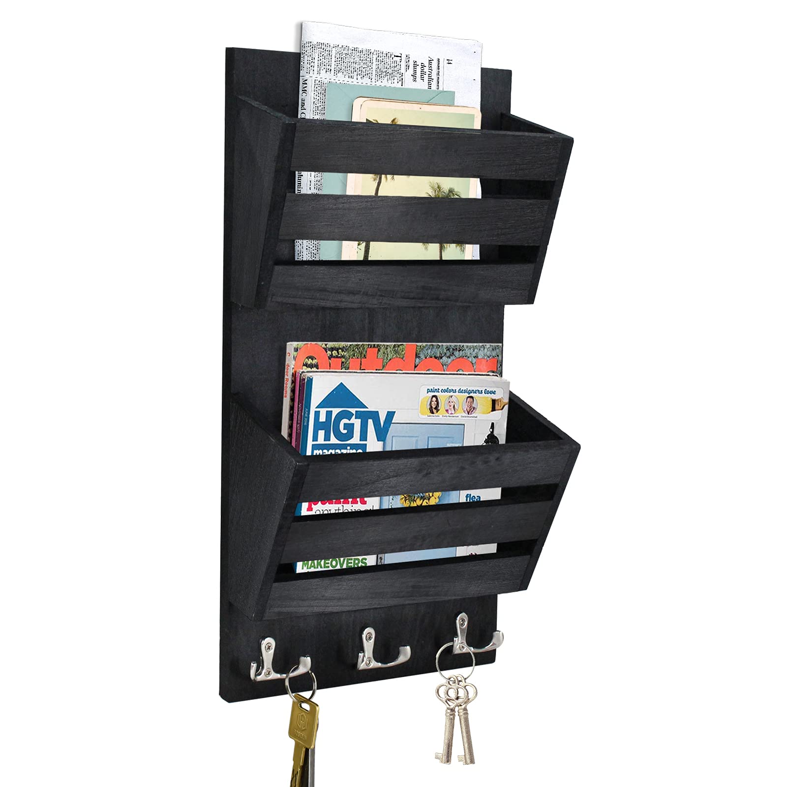 Rustic Wall Mounted Mail Organizer with 4 Key Hooks - Wooden Letter Holder for Mail, Magazines, Keys & Dog Leashes - Perfect for Entryway, Kitchen or Office Organization