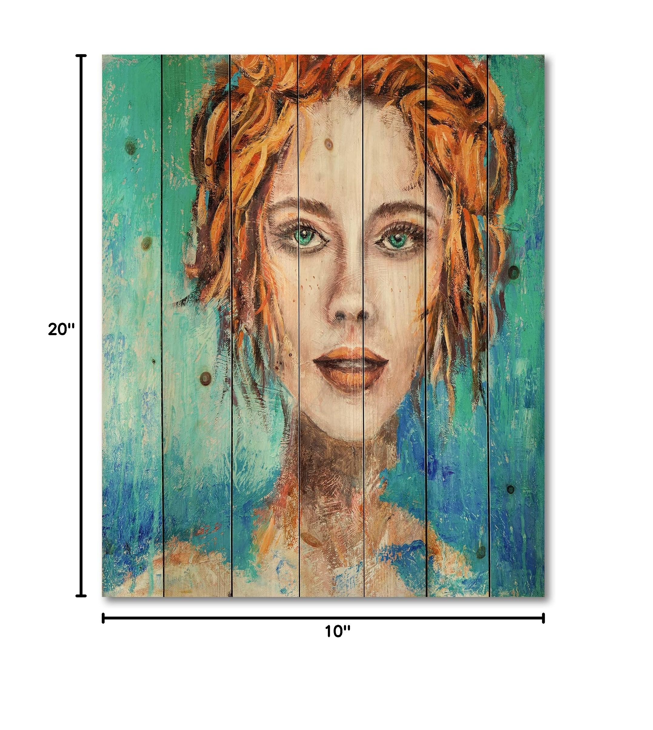 DesignQ Modern Wood Wall Art - Abstract Woman Face with Green Eyes & Red Hair, Large Contemporary Wood Wall Decor Printed on Natural Pine - Perfect for Living Room, Bedroom, or Office Decor