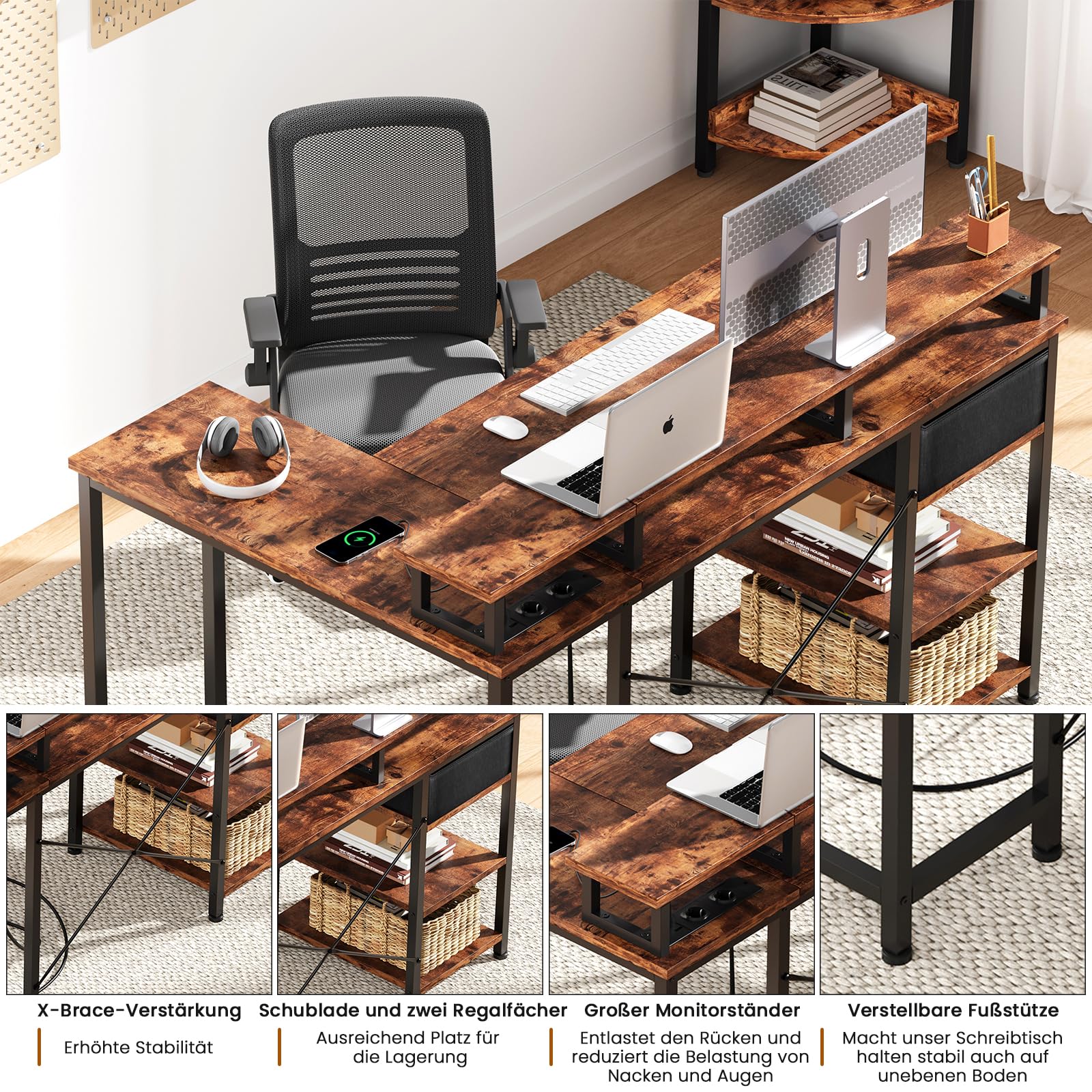 Dripex L-Shaped Corner Computer Desk with USB Charging Port, Monitor Stand & Power Outlet - Perfect for Home Office, Gaming & Study Setup