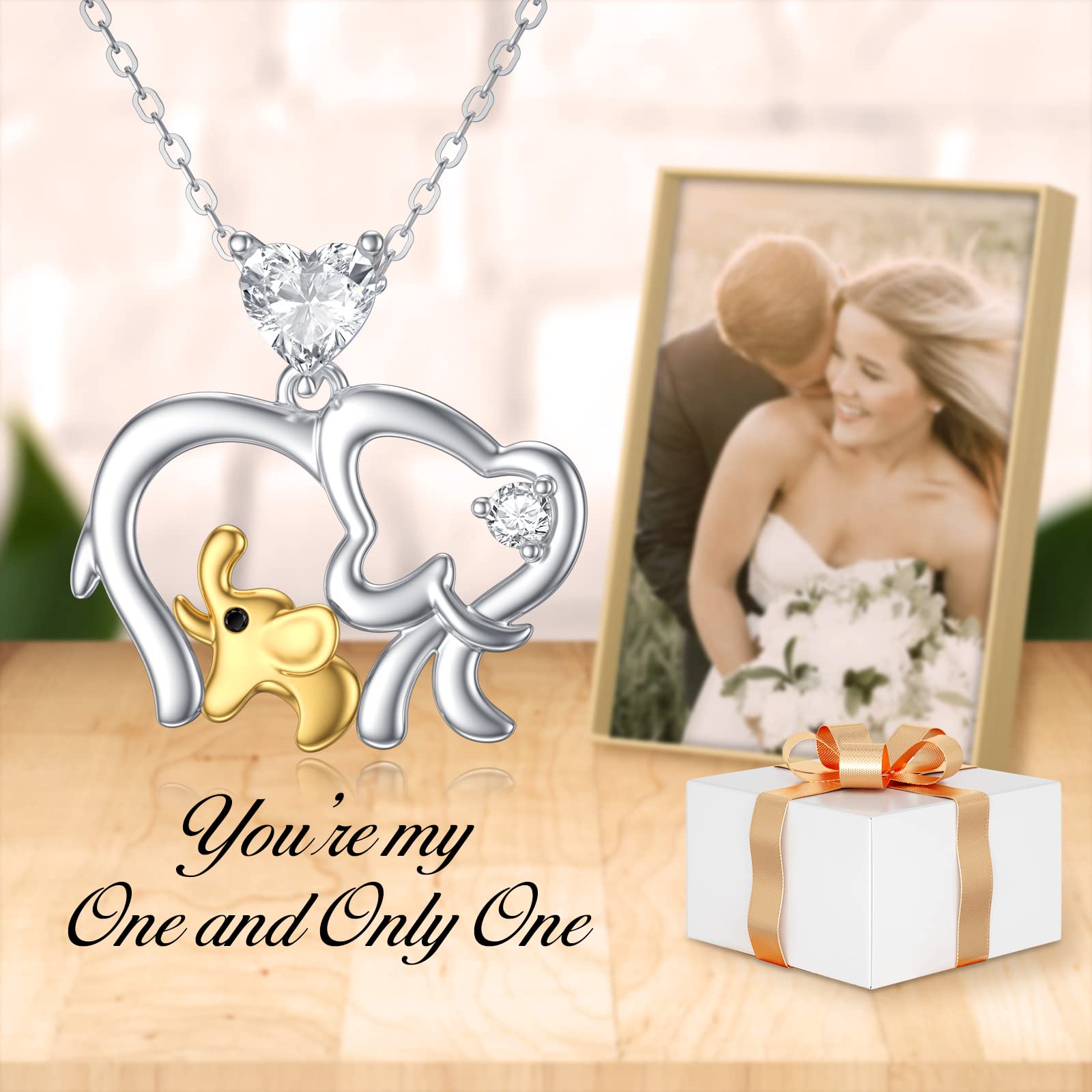 14K Real Gold Elephant Necklace for Women - White & Yellow Gold Lucky Double Elephant Pendant with 5A Cubic Zirconia, Elegant Heart Jewelry Gift for Mom, Wife, Girlfriend - 16''-18'' Adjustable Chain - Perfect for Birthdays, Anniversaries & Special Occasions