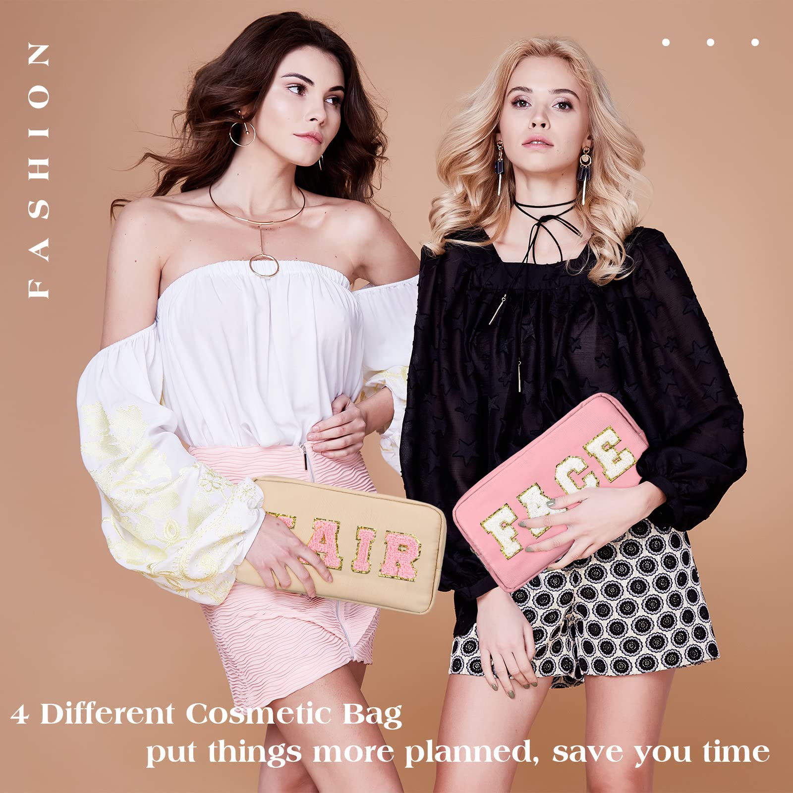 4 Pack Preppy Makeup Bags | Chenille Letter Cosmetic Pouches with Zipper | Nylon Travel Toiletry Cases for Women | Perfect for School, Gym & Vacation Essentials