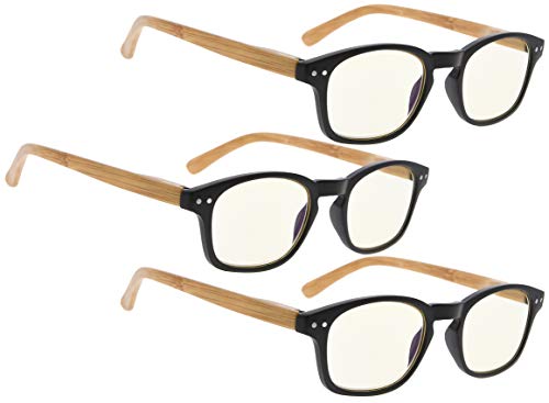 Blue Light Blocking Computer Glasses 3 Pack - UV Protection Reading Glasses for Women with Bamboo-Look Temples - Reduce Eye Strain for Work, Gaming & Screen Time