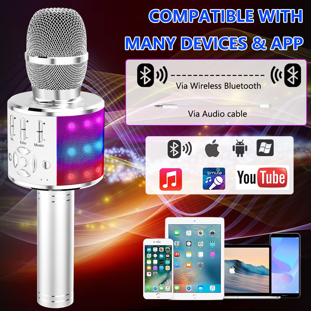 Amazmic Kids Karaoke Microphone - Bluetooth Wireless Portable Singing Machine with LED Lights, Microphone Toy for Children & Adults - Perfect for Birthday Parties, Home KTV, Travel & Family Fun (Silver)